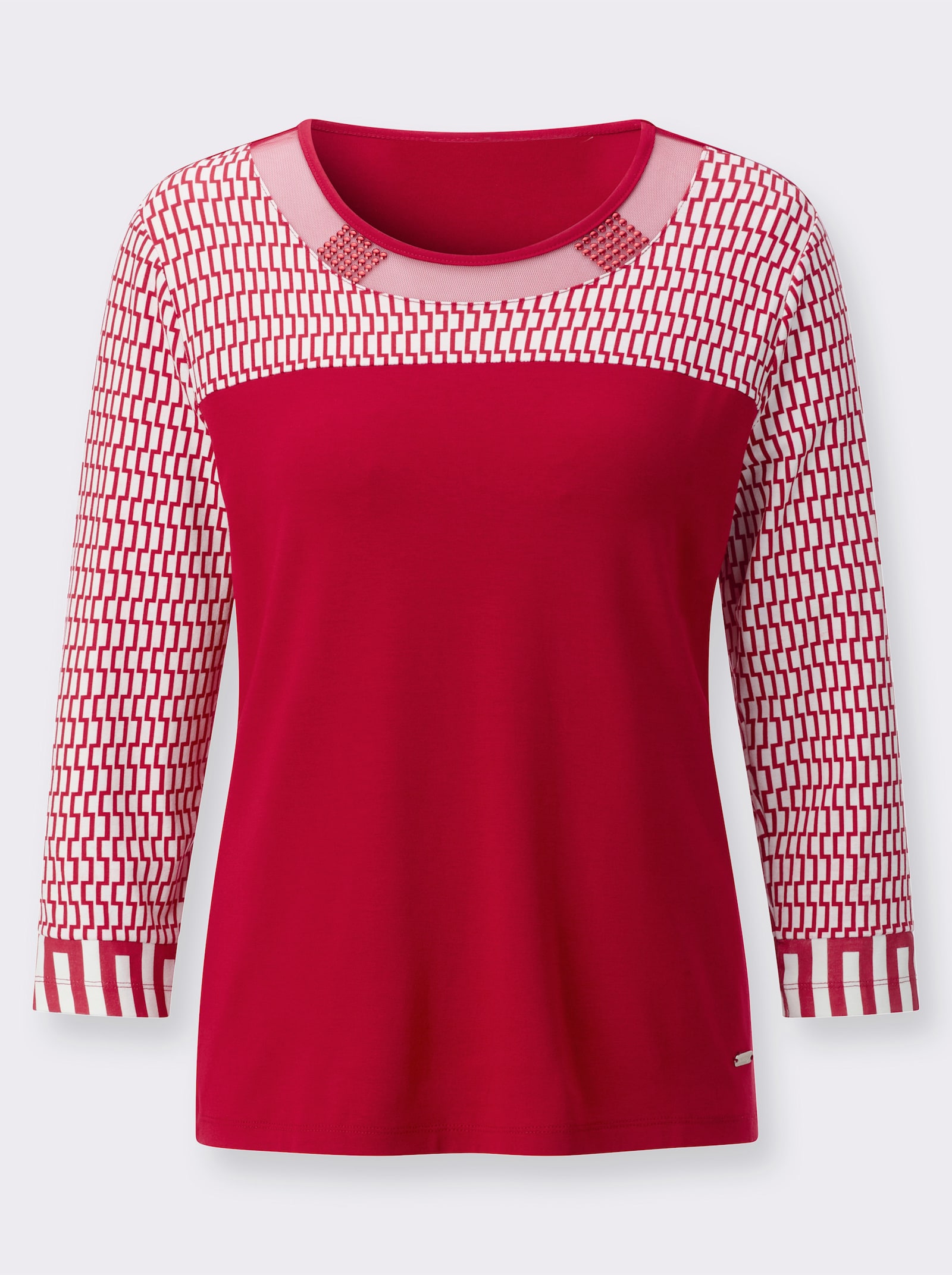 3/4-Arm-Shirt mit Mesh-Einsatz am Ausschnitt - rot-ecru-bedruckt
