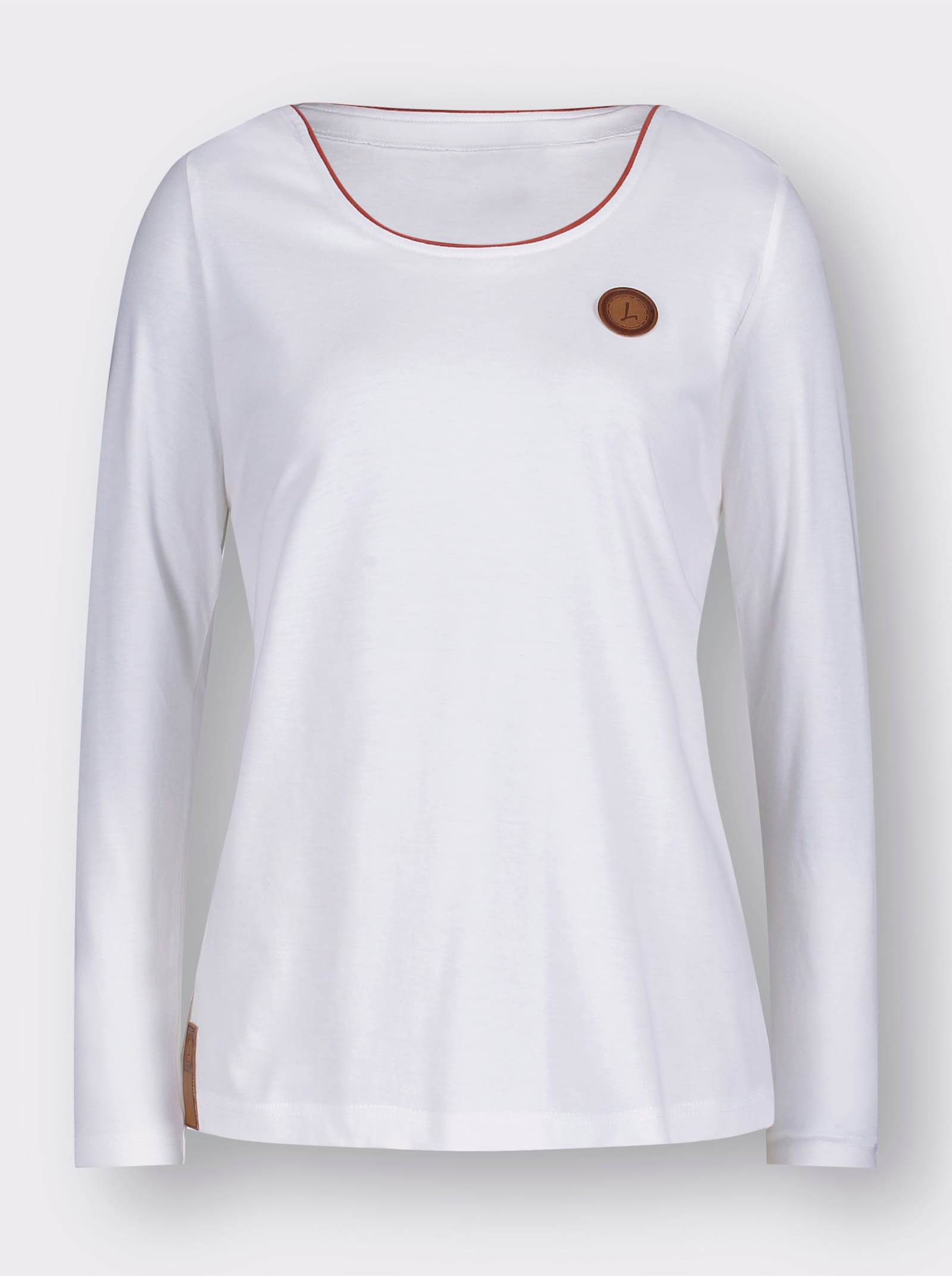 Langarmshirt mit Lederimitat-Emblem - weiß