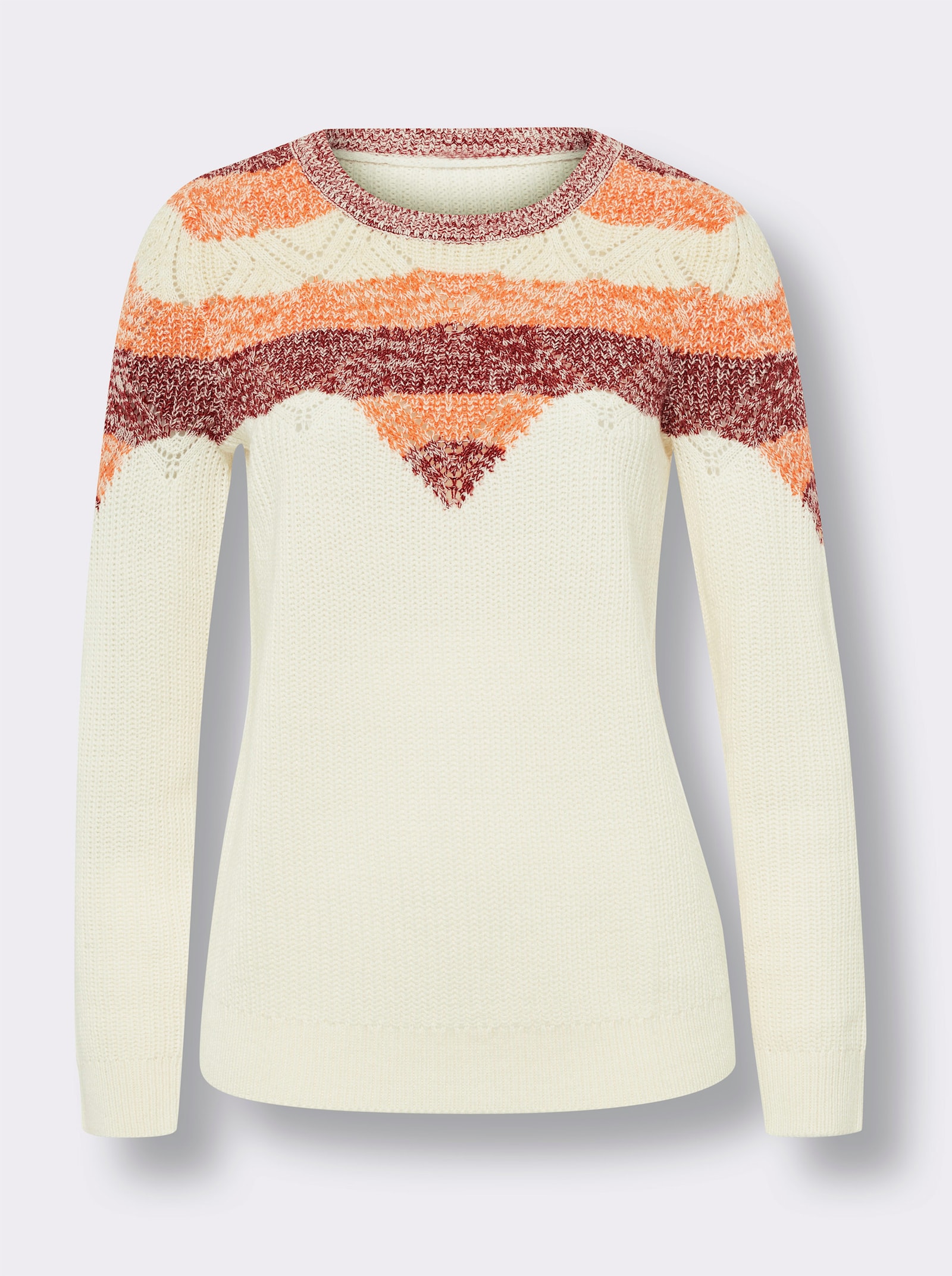 Svetr s dlouhým rukávem a vícebarevným pleteným vzorem - šampaňská-třešňová-vzor