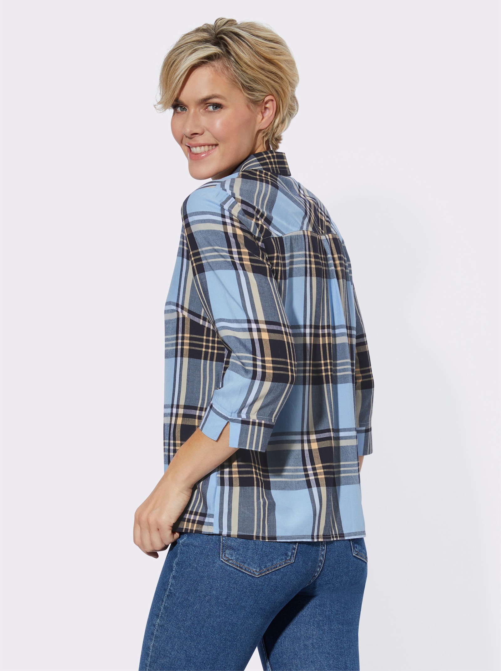 Karobluse mit 3/4-Ärmeln - eisblau-apricot-kariert