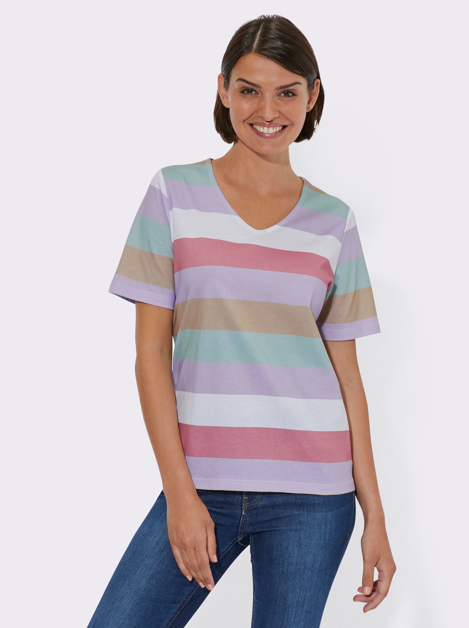 Gestreept shirt met afgeronde V-hals - lila/flamingo gestreept