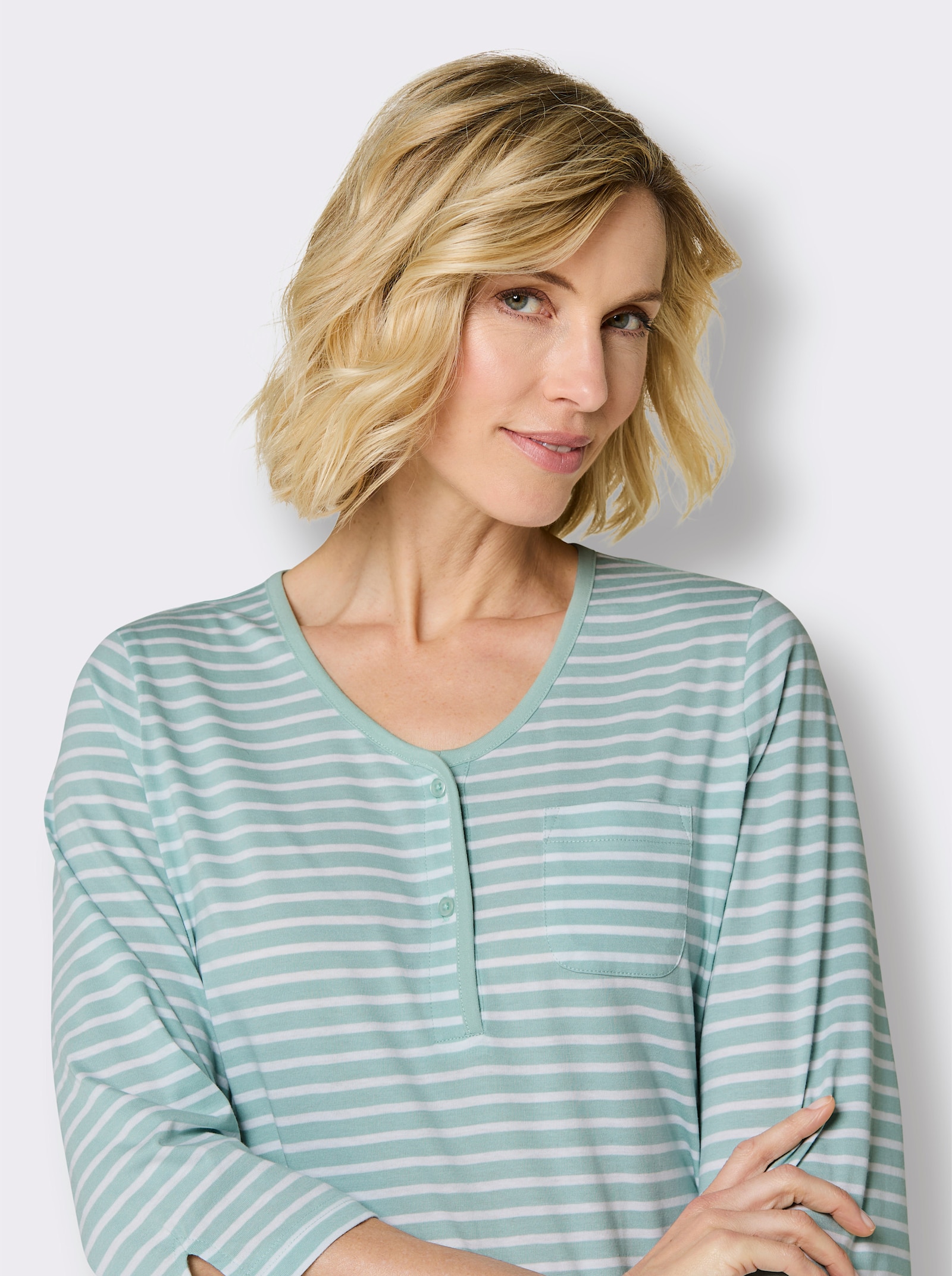wäschepur Schlafshirt mit Seitenschlitzen - kalkmint-weiß-geringelt