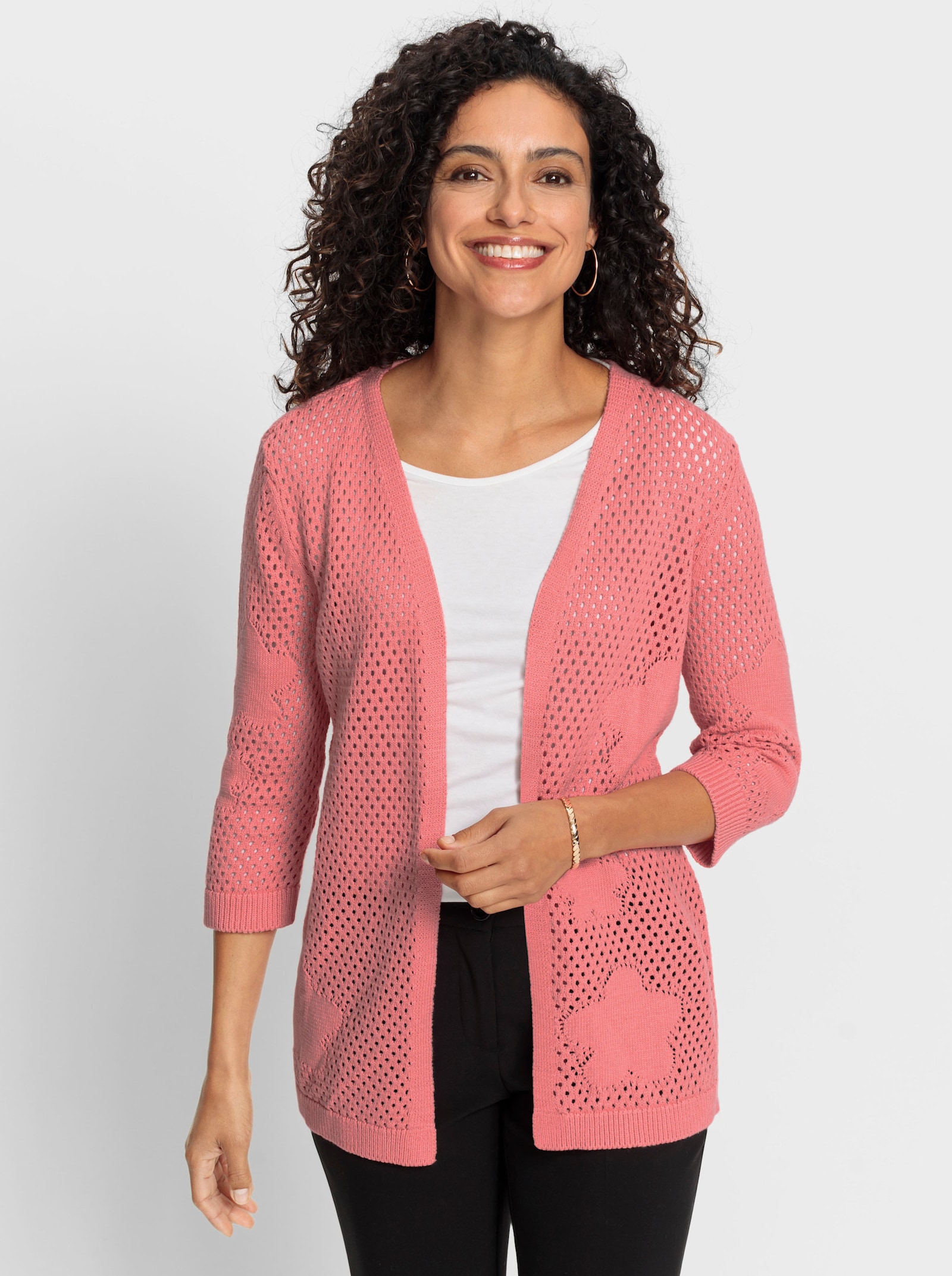 Ajourstrickjacke in Netz-Optik - flamingo