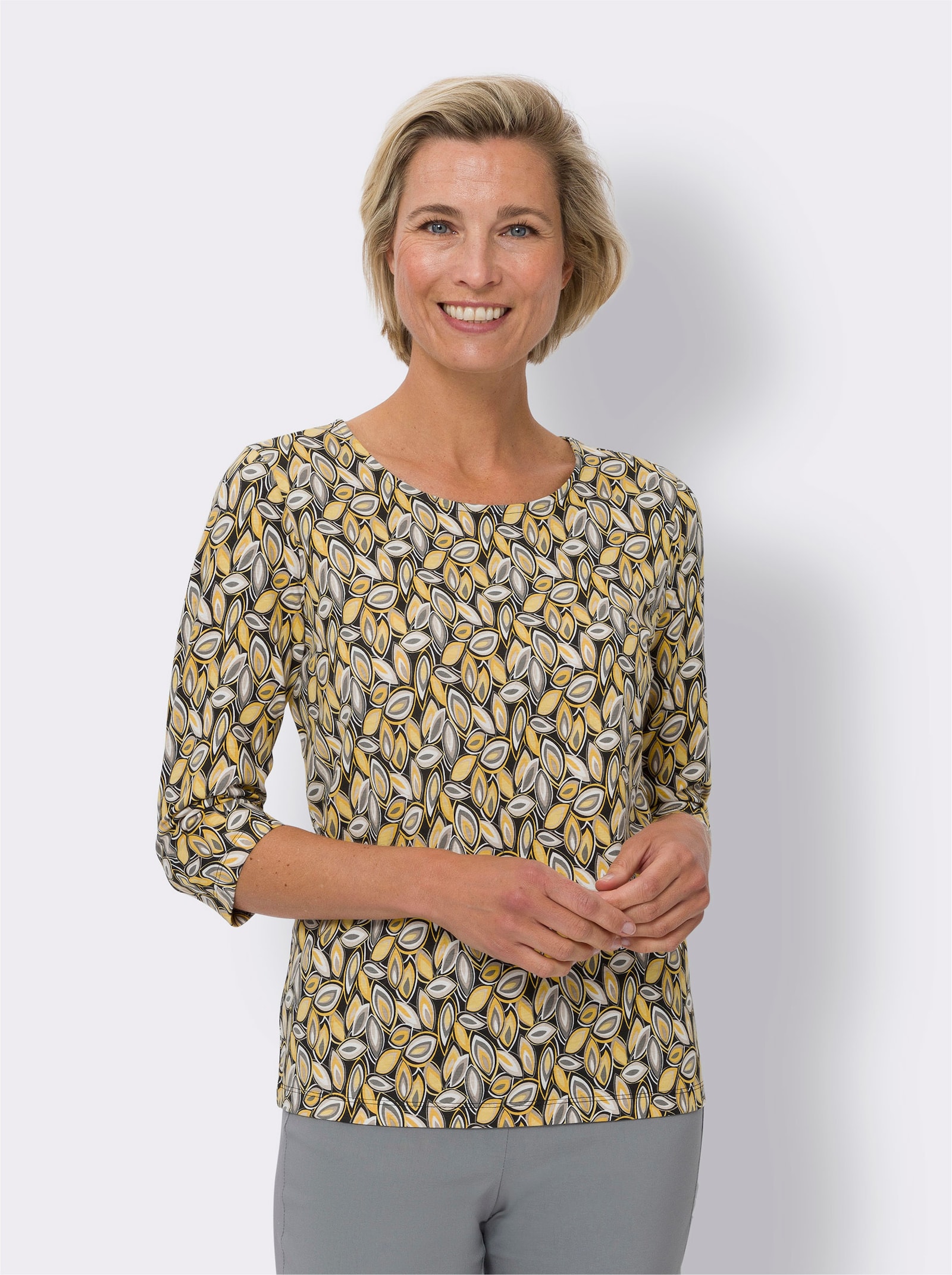 3/4-Arm-Shirt aus reiner Baumwolle - gelb-grau-bedruckt