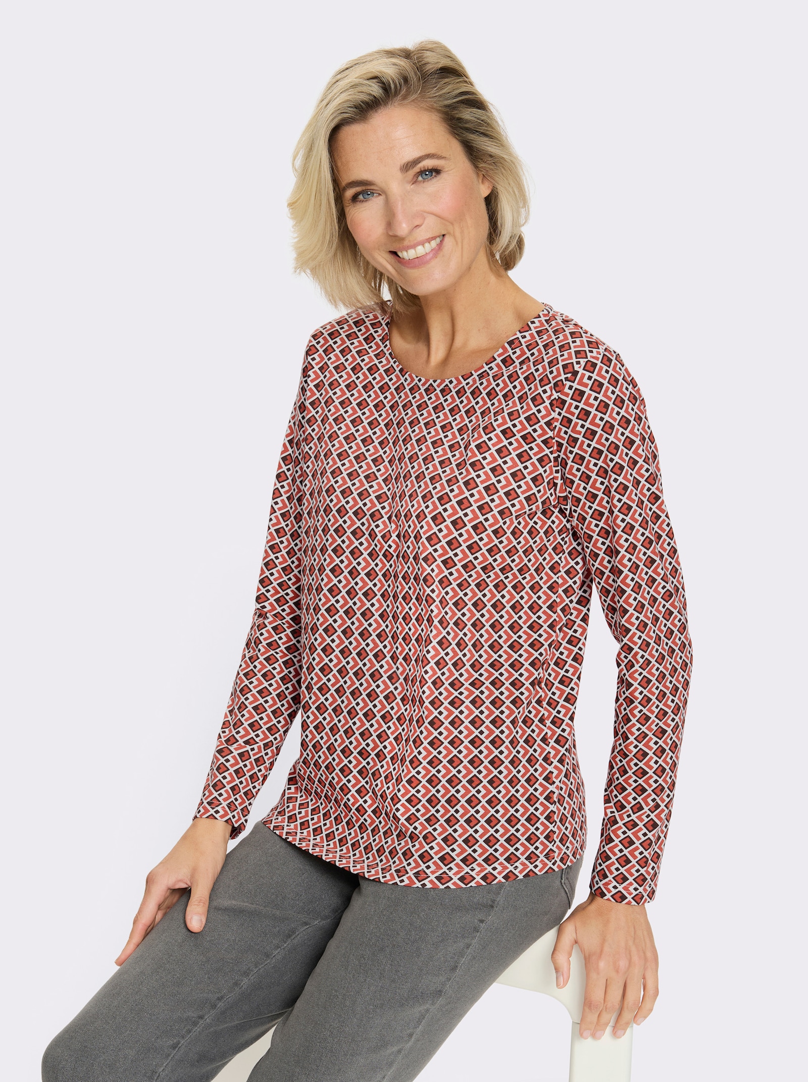 Shirt met lange mouwen en minimalistisch patroon, katoen - choco/roestrood bedrukt