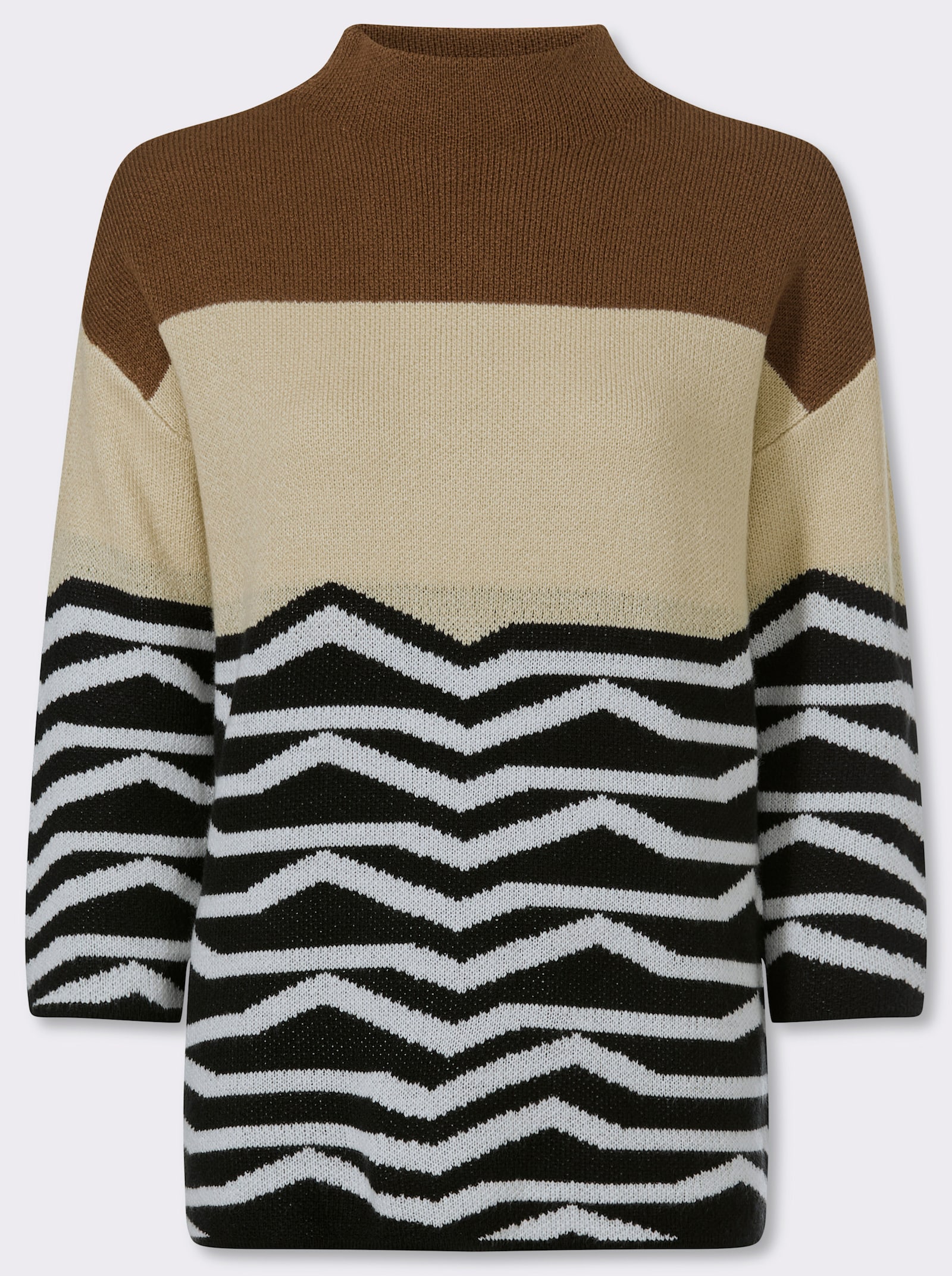 3/4 Arm-Pullover mit Jaquardmuster - sand-schwarz-gemustert