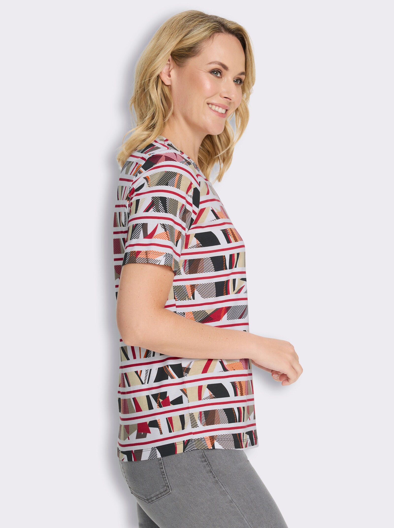 Kurzarmshirt mit Streifen- und Grafikmuster - erdbeere-taupe-bedruckt