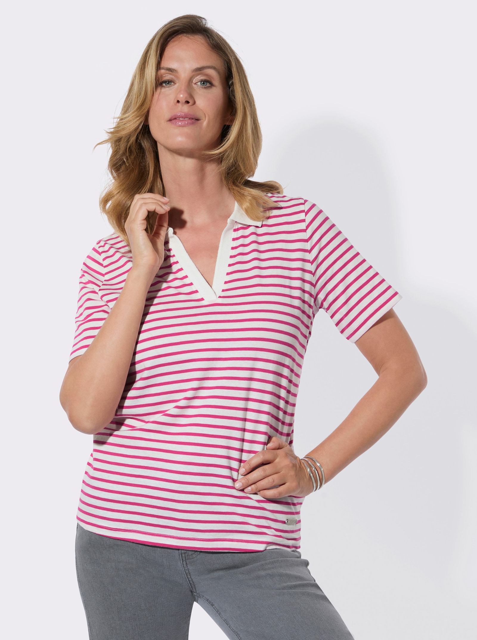Poloshirt mit Ringeln - ecru-fuchsia-geringelt