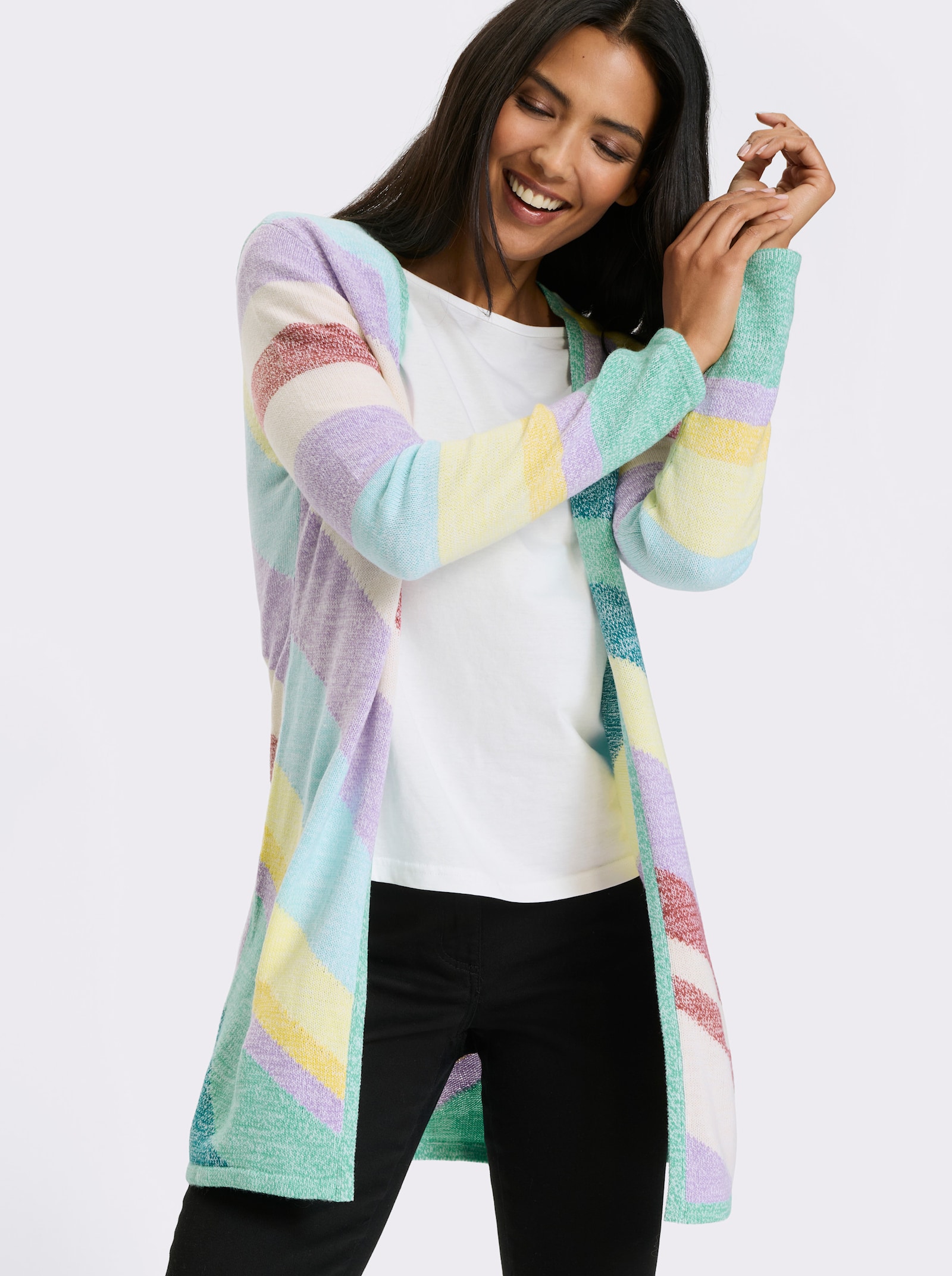 Pletený kabátek dlouhého, otevřeného střihu - modrozelená-levandulová-vzor