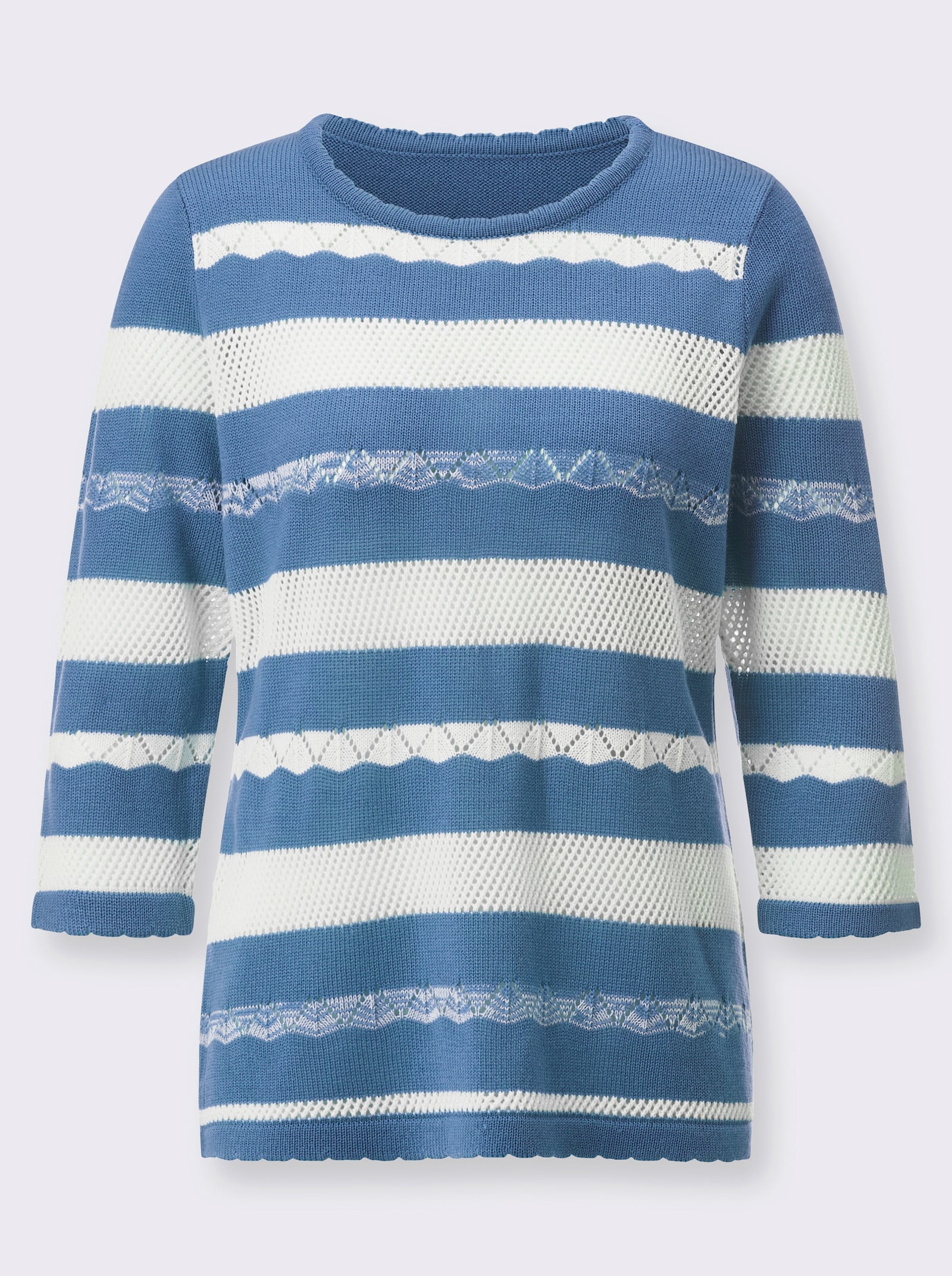 Ajourpullover mit gebogten Kanten - mittelblau-ecru-gemustert