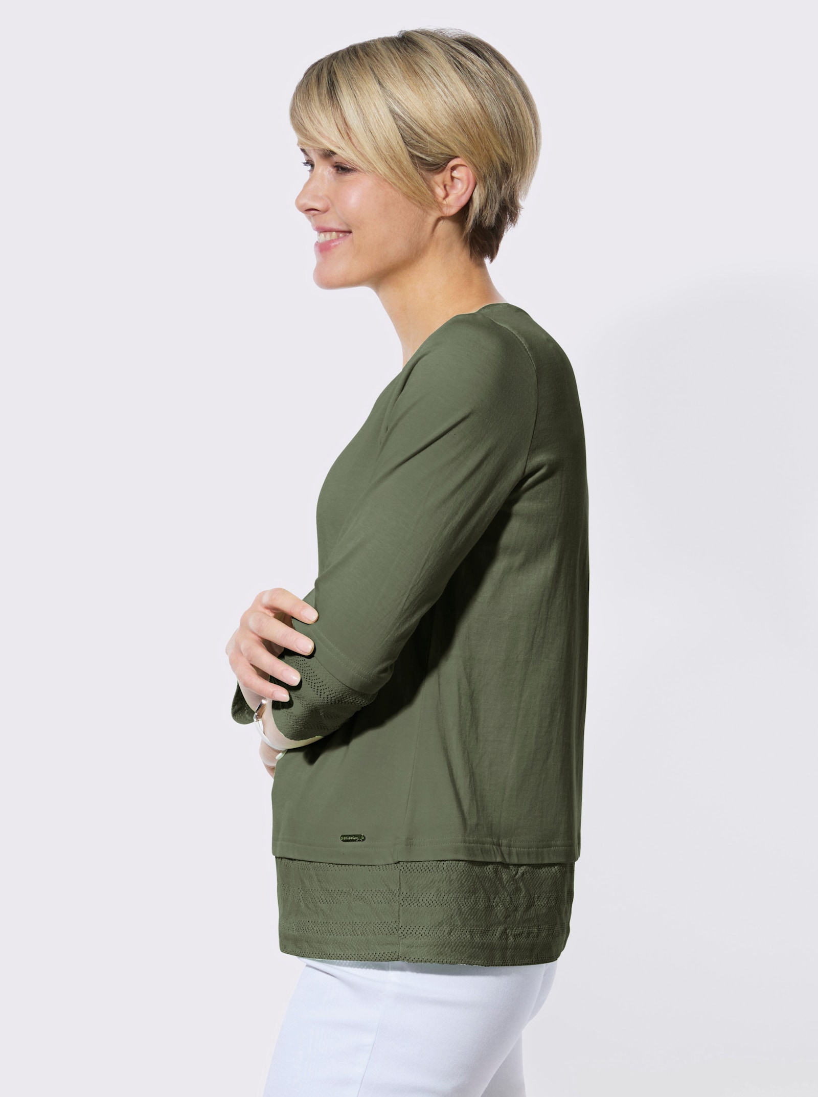 Rundhalsshirt mit Netzeinsätzen - khaki