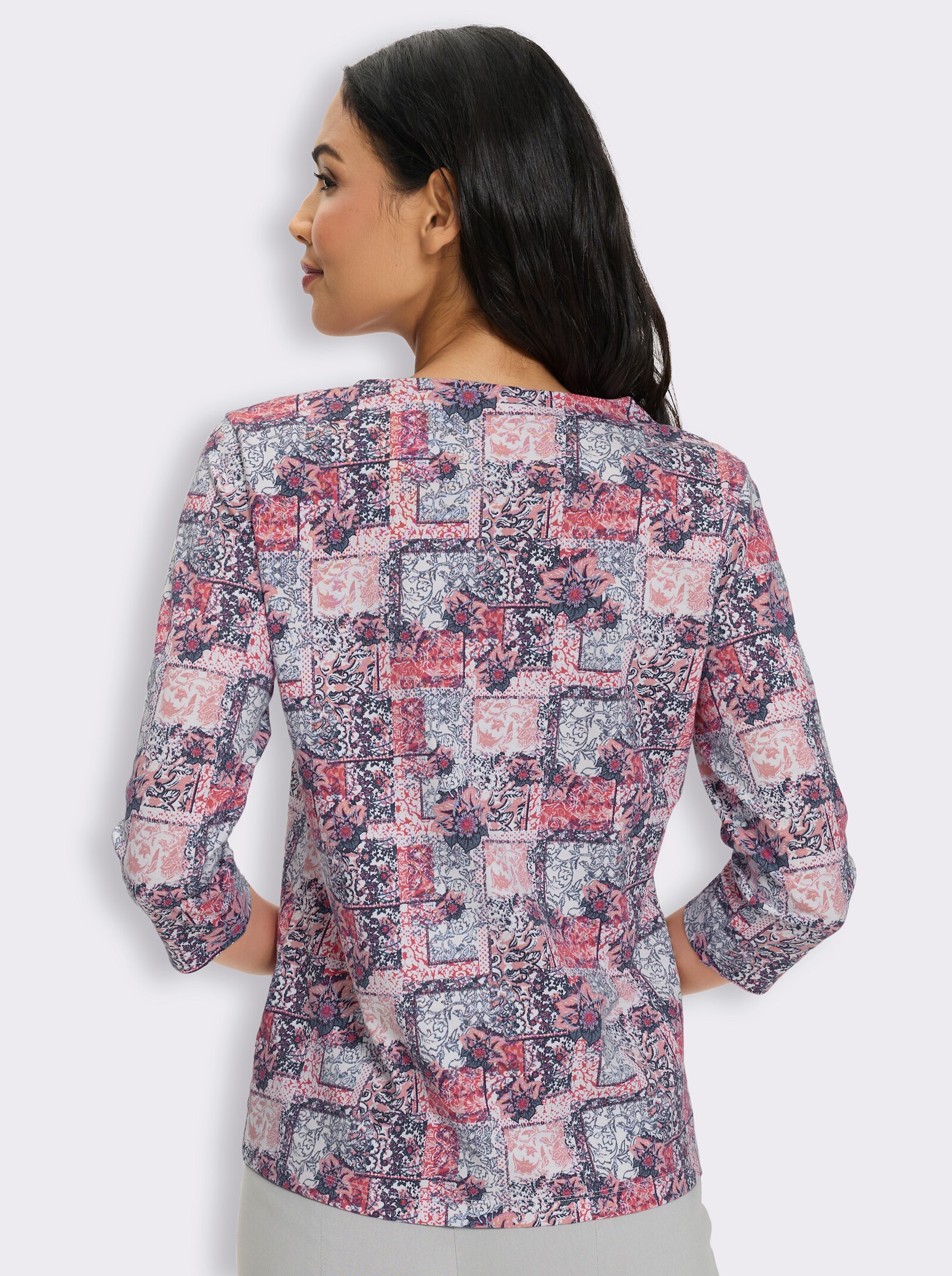 3/4-Arm-Shirt in Patchwork-Optik - fuchsia-rauchblau-bedruckt