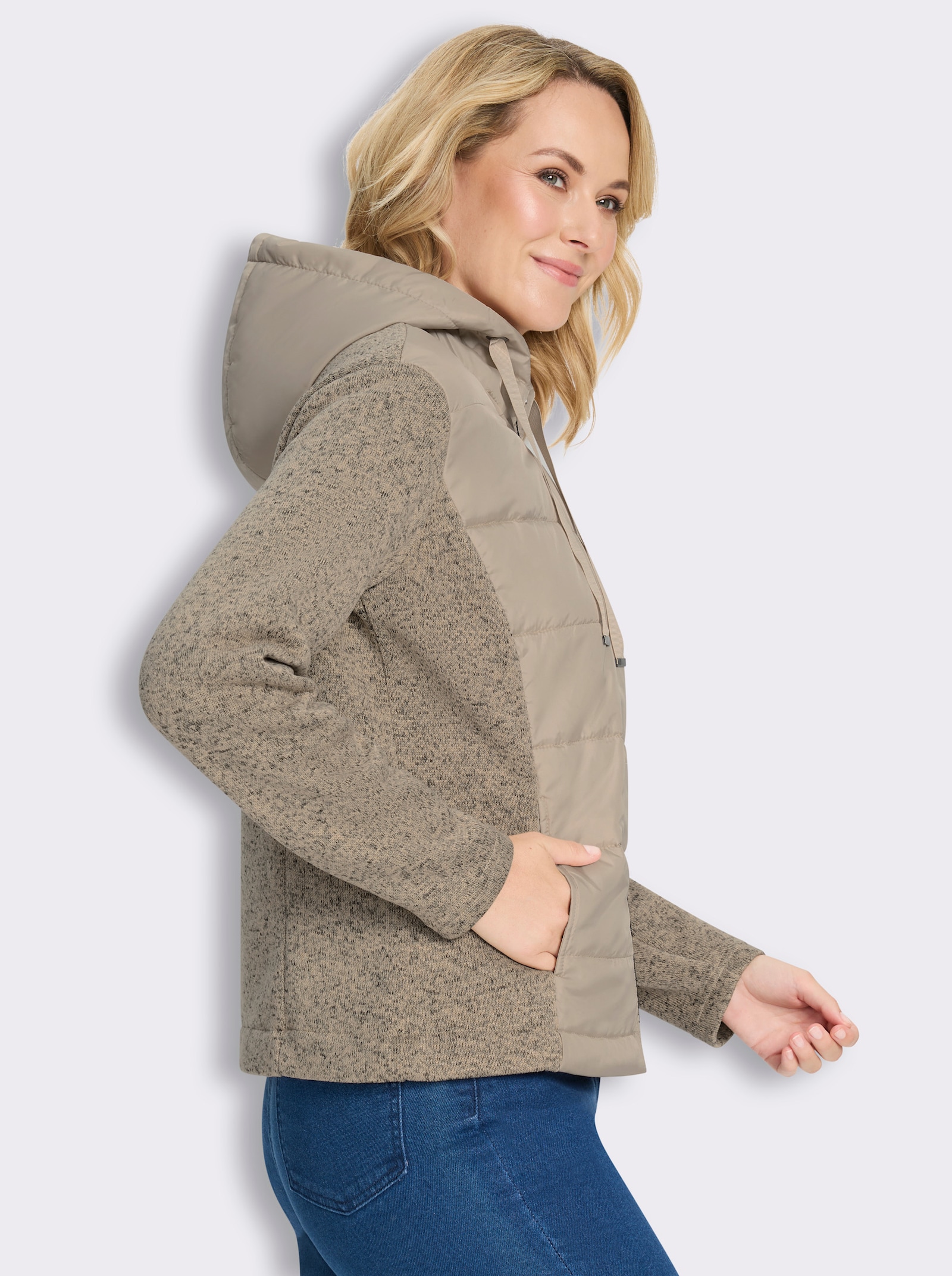 Strickfleecejacke mit gestepptem Web-Einsatz - beige-meliert