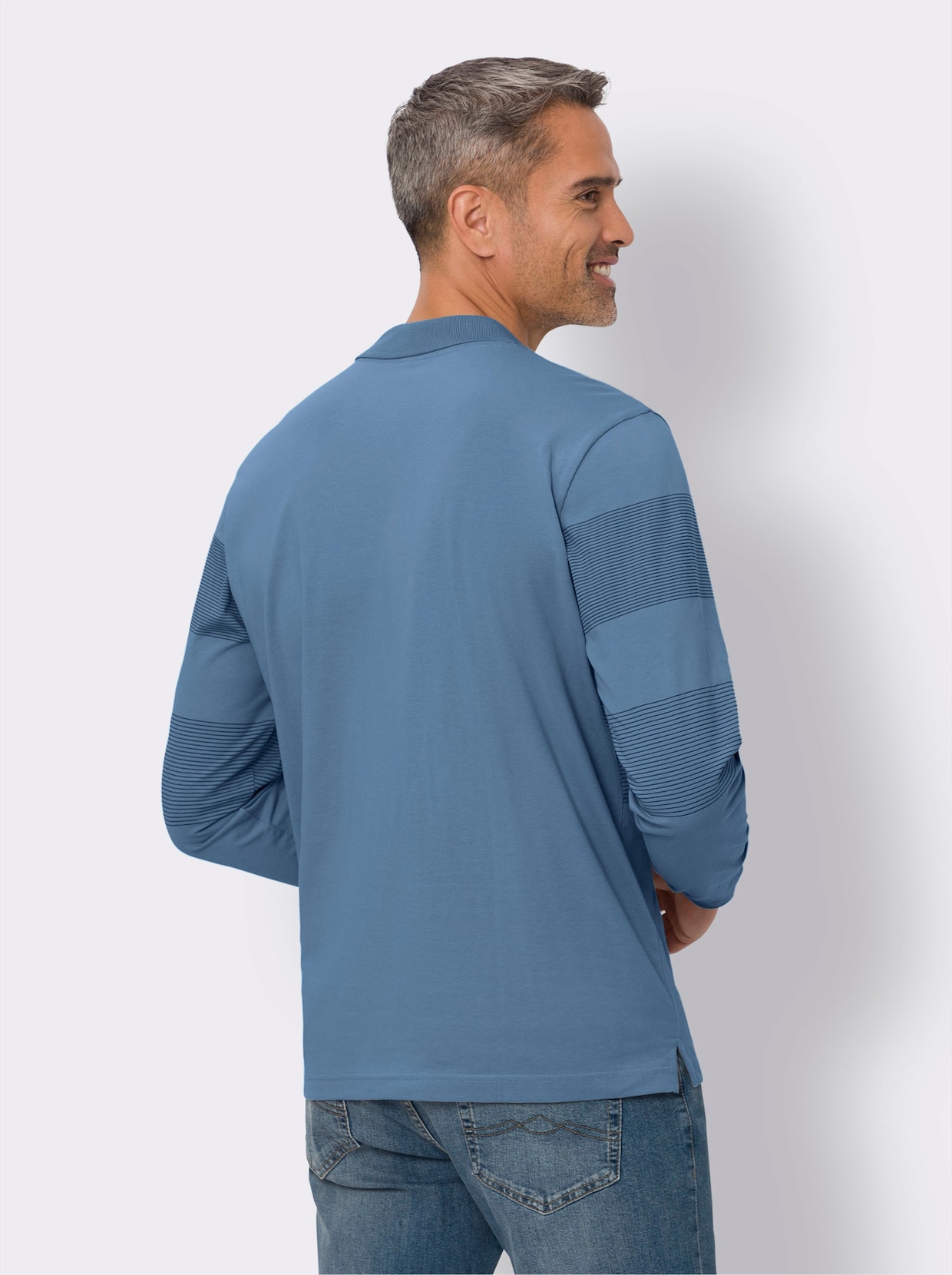 Langarm-Poloshirt - mittelblau-rauchblau