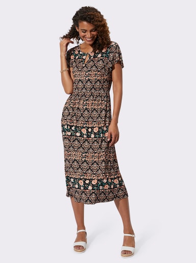 Jerseykleid mit Gummizug auf Taillenhöhe - papaya-schwarz-bedruckt