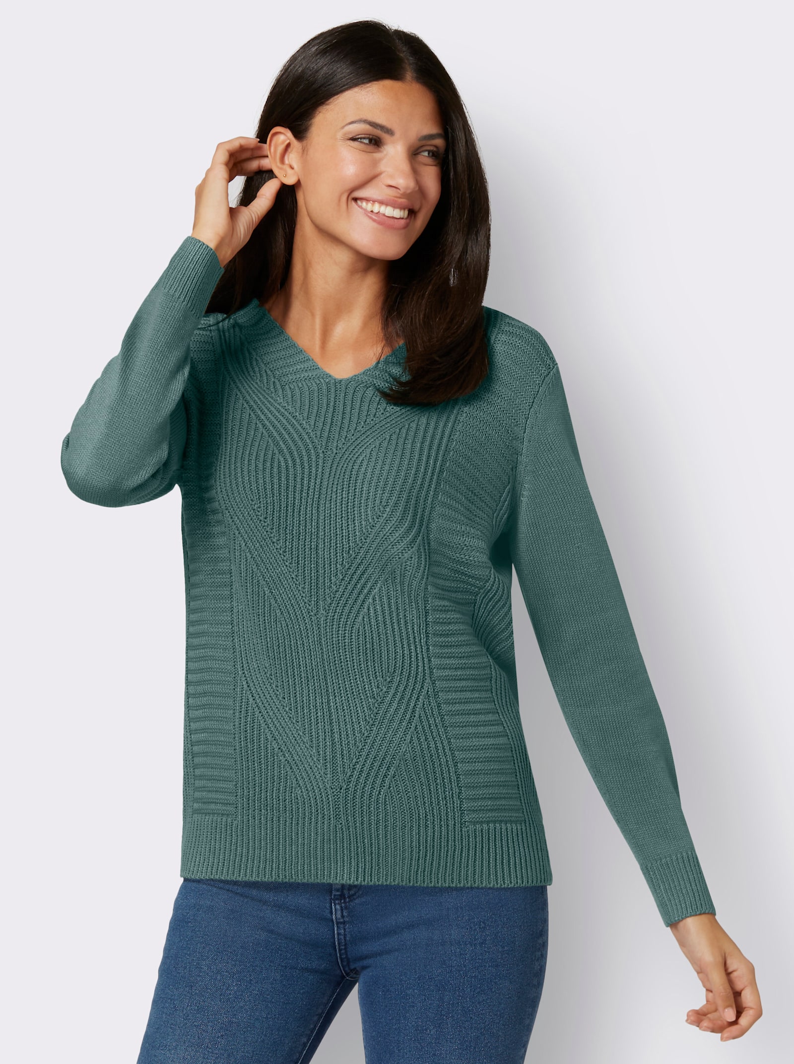 Langarm-Pullover mit Zopfmuster - jade