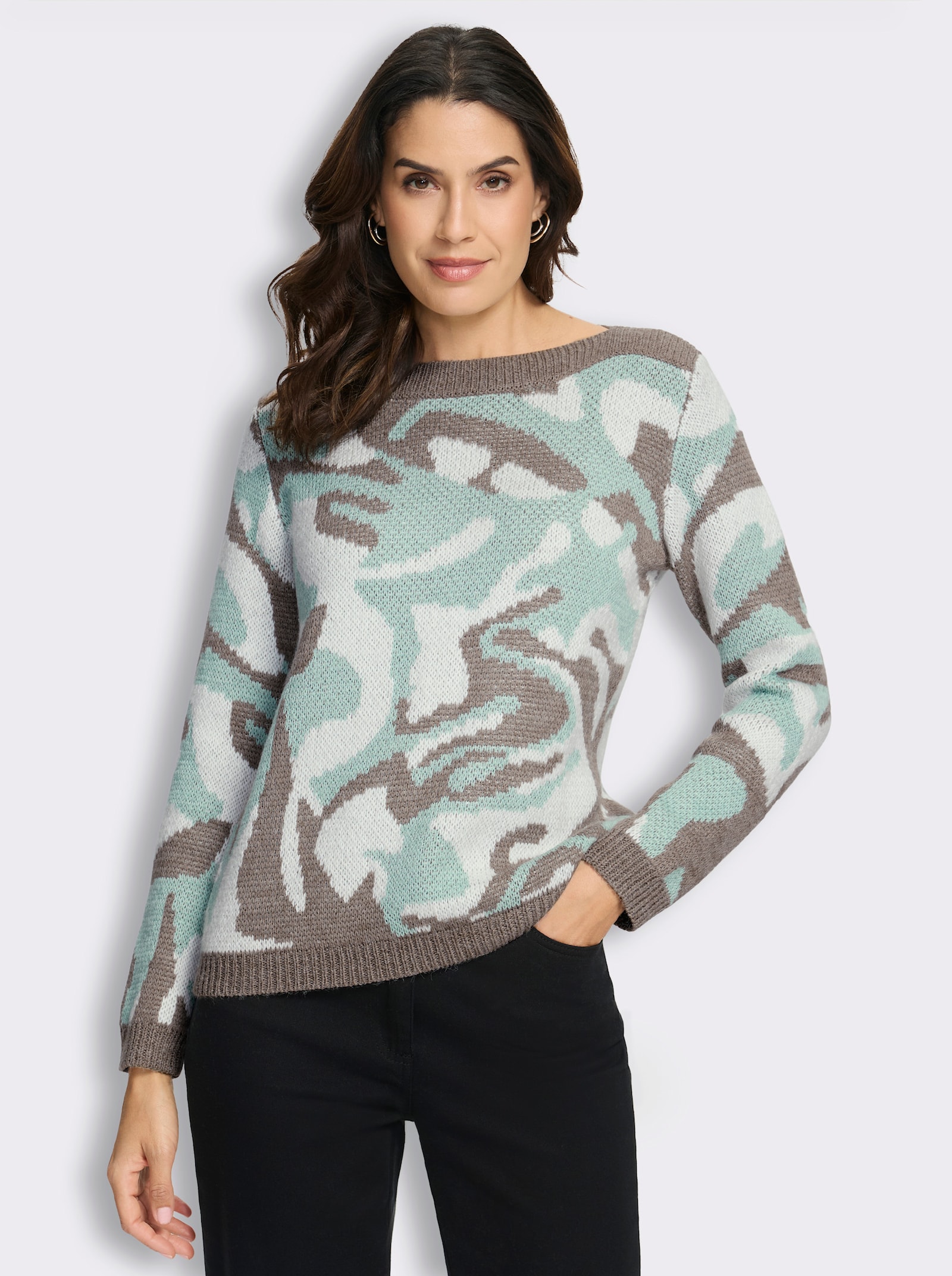  Jacquard-Pullover mit unifarbenen Abschlüssen - kalkmint-taupe-gemustert