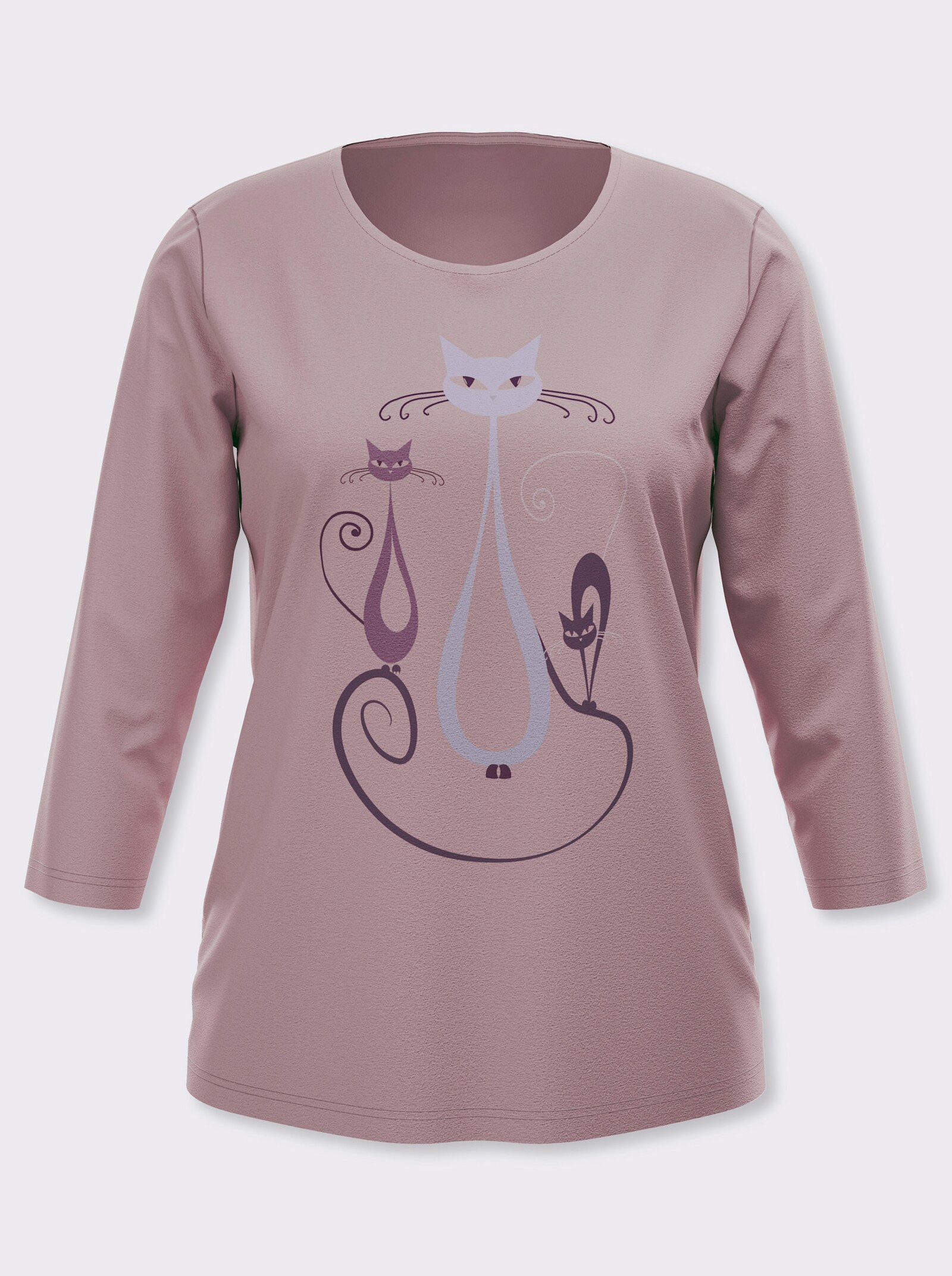 3/4-Arm-Shirt mit Katzen-Druck - mauve-traube-bedruckt