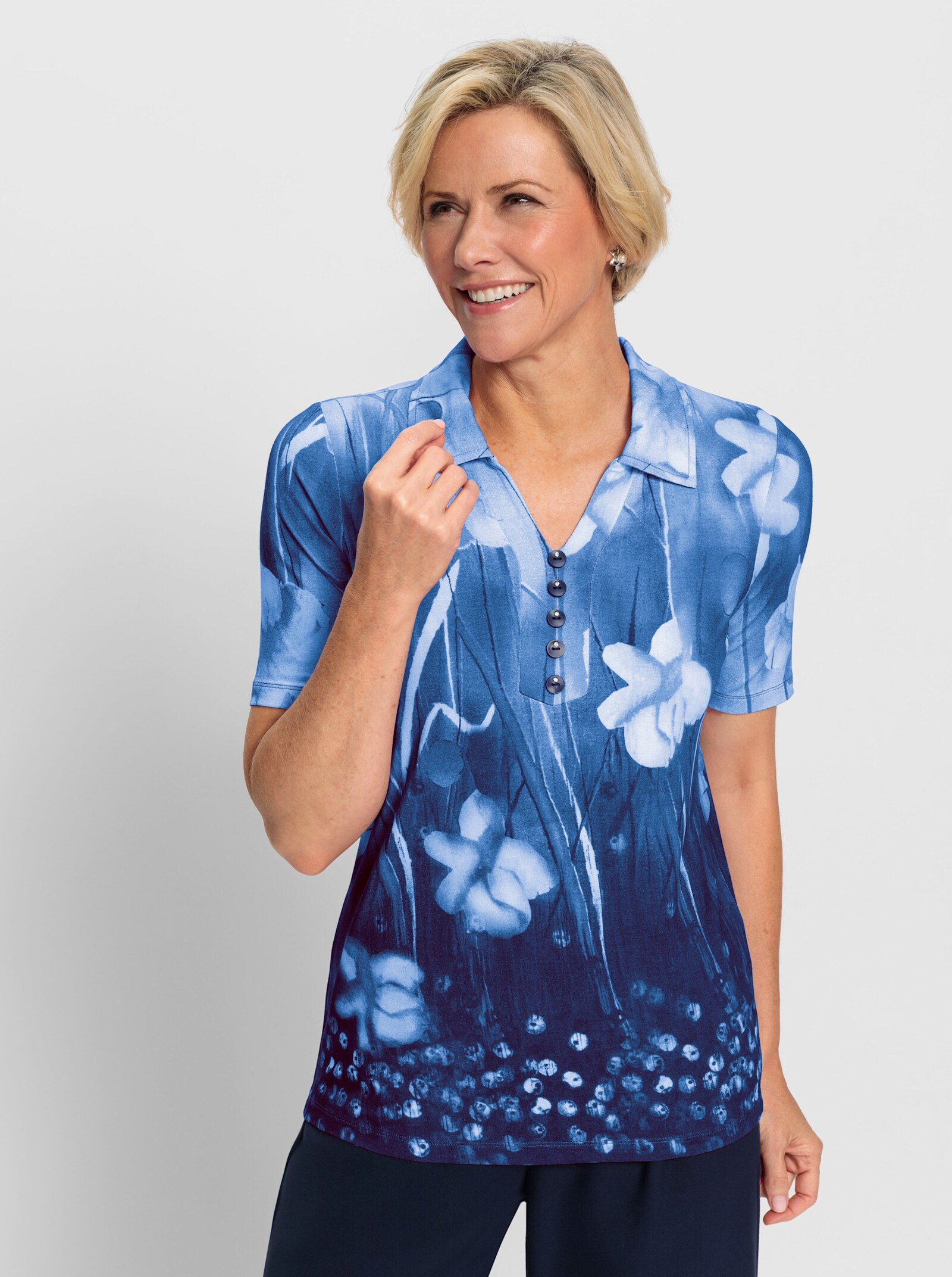 Poloshirt met bloemenprint - middenblauw/ecru bedrukt