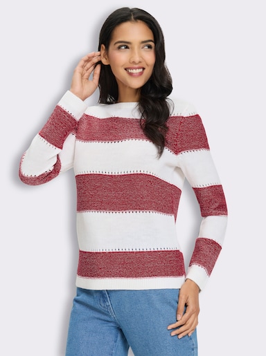 Langarm-Pullover mit Glanzgarn, Streifen-Muster - rot-ecru-gemustert