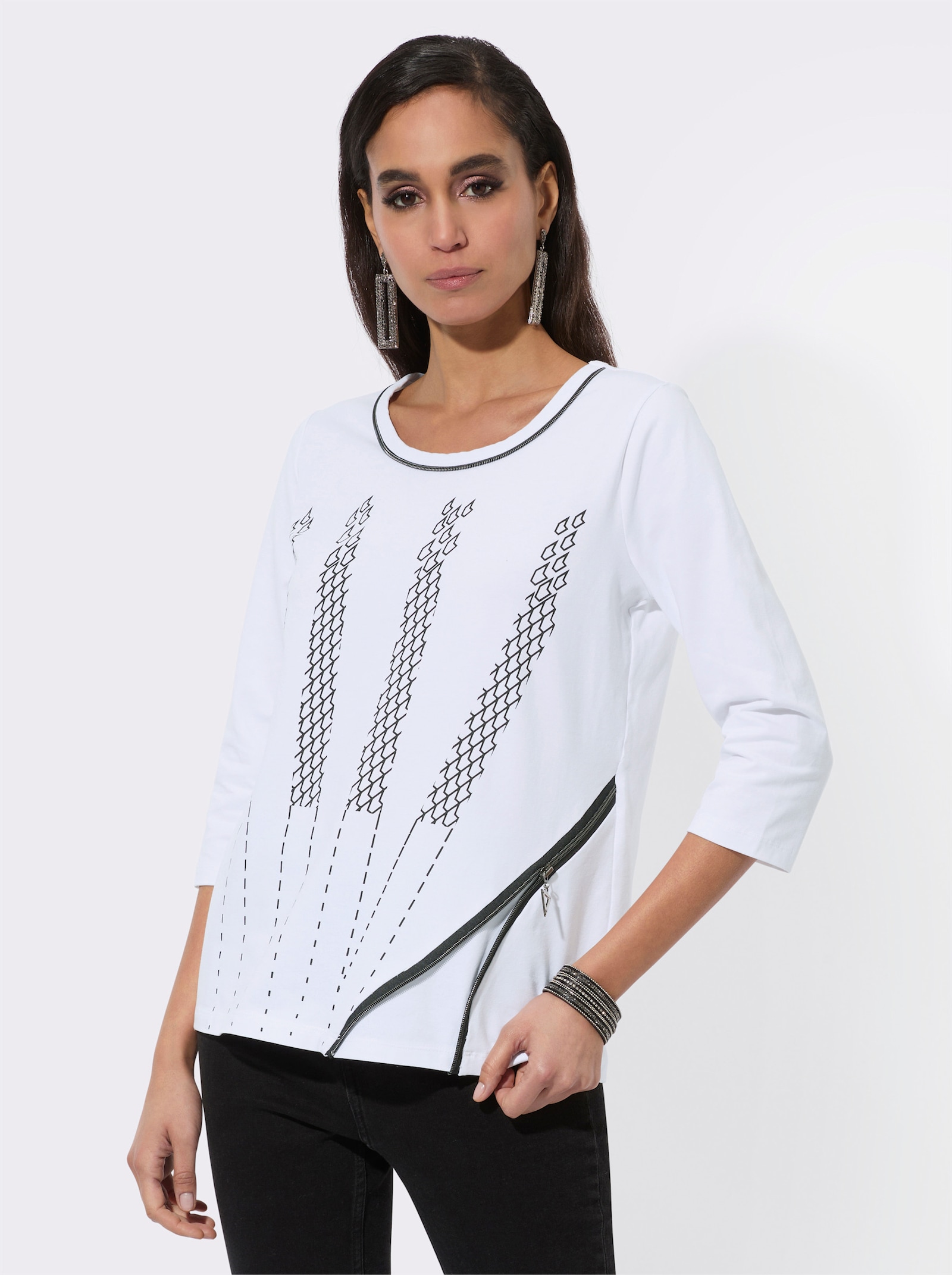 Shirt met 3/4-mouwen en sierritssluiting - wit/zwart