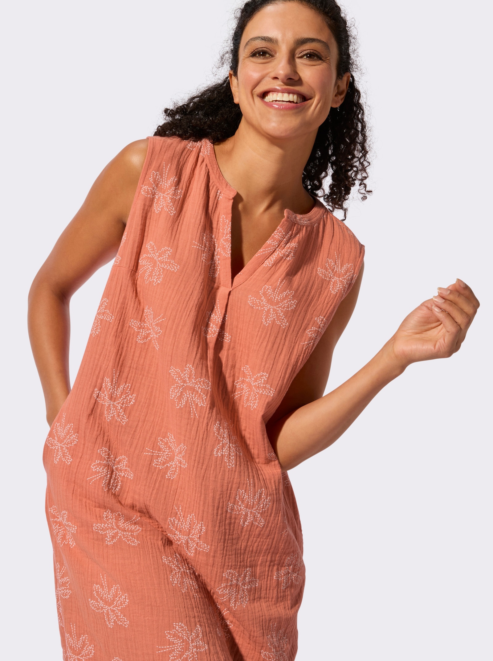 Baumwollkleid in Musselin-Qualität - papaya-ecru