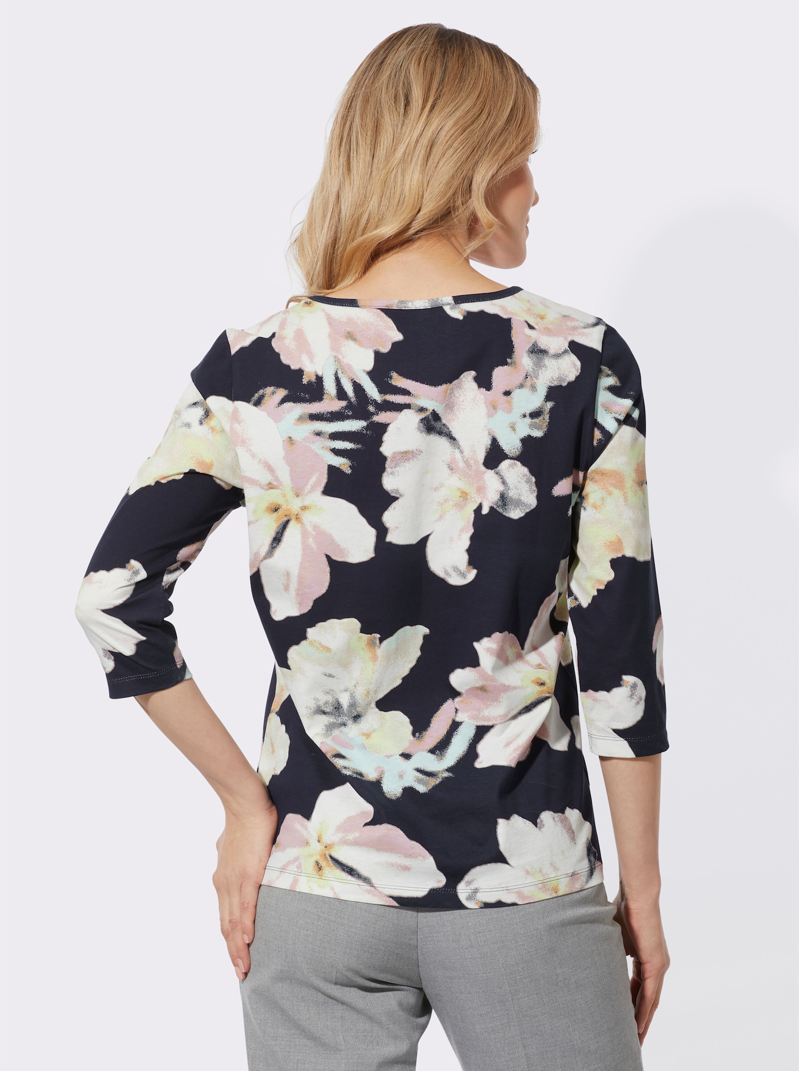 Shirt met 3/4-mouwen van katoen, gebloemd - marine/kalkmint bedrukt