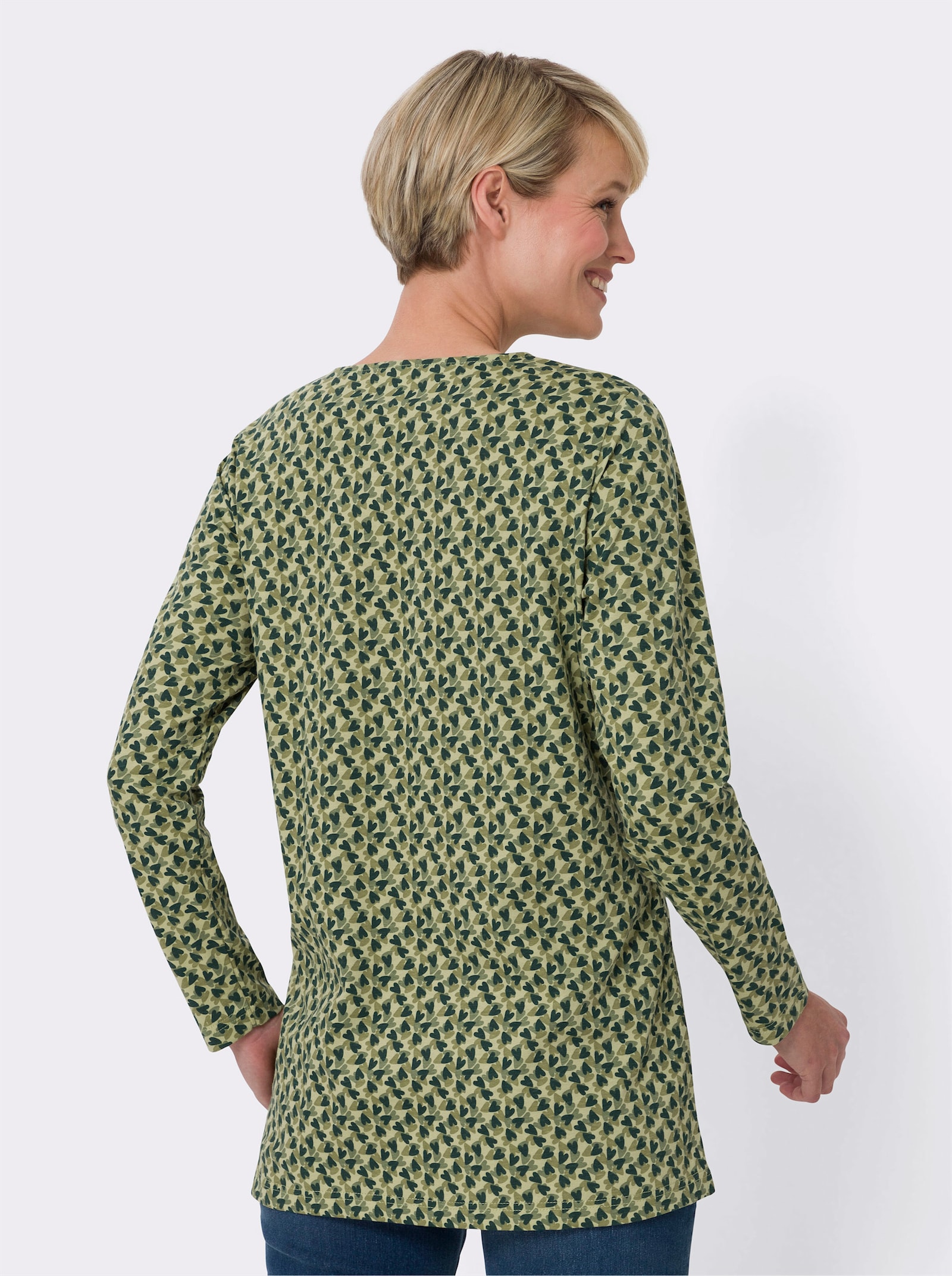 Lång topp med hjärttryck - lindgrön-mossgrön-tryck