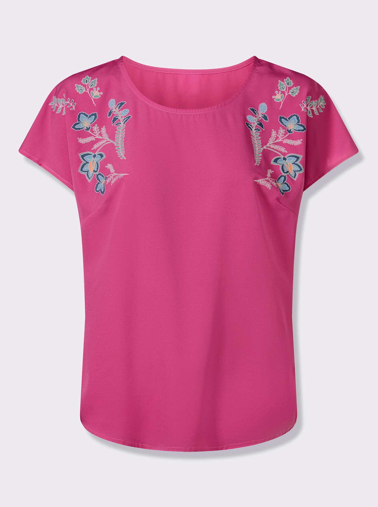 Schlupfbluse mit Blütenprint - fuchsia-jeansblau
