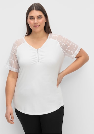 Spitzenshirt mit transparenten Ärmeln - weiß