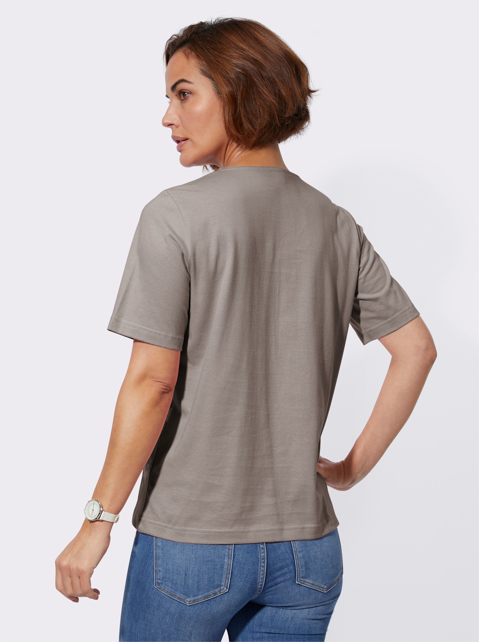 Rundhalsshirt mit Zierknöpfen auf den Schultern - taupe-bedruckt