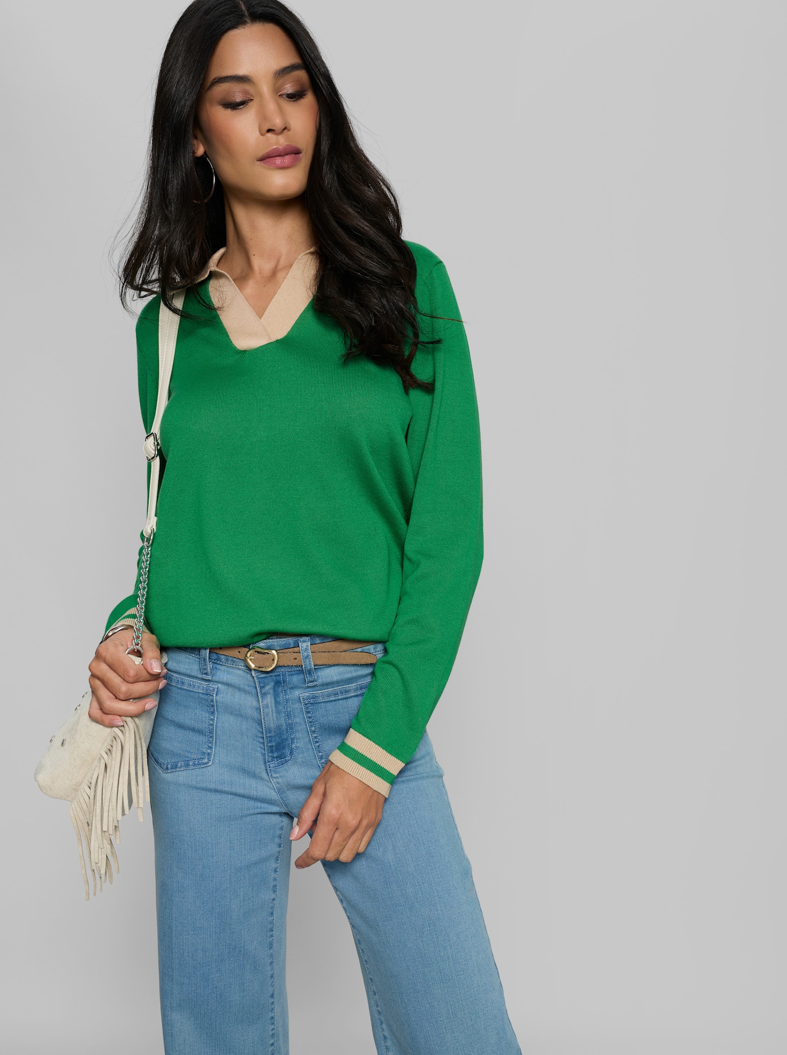 heine Polopullover mit Kontrast-Akzenten - grasgrün-sand