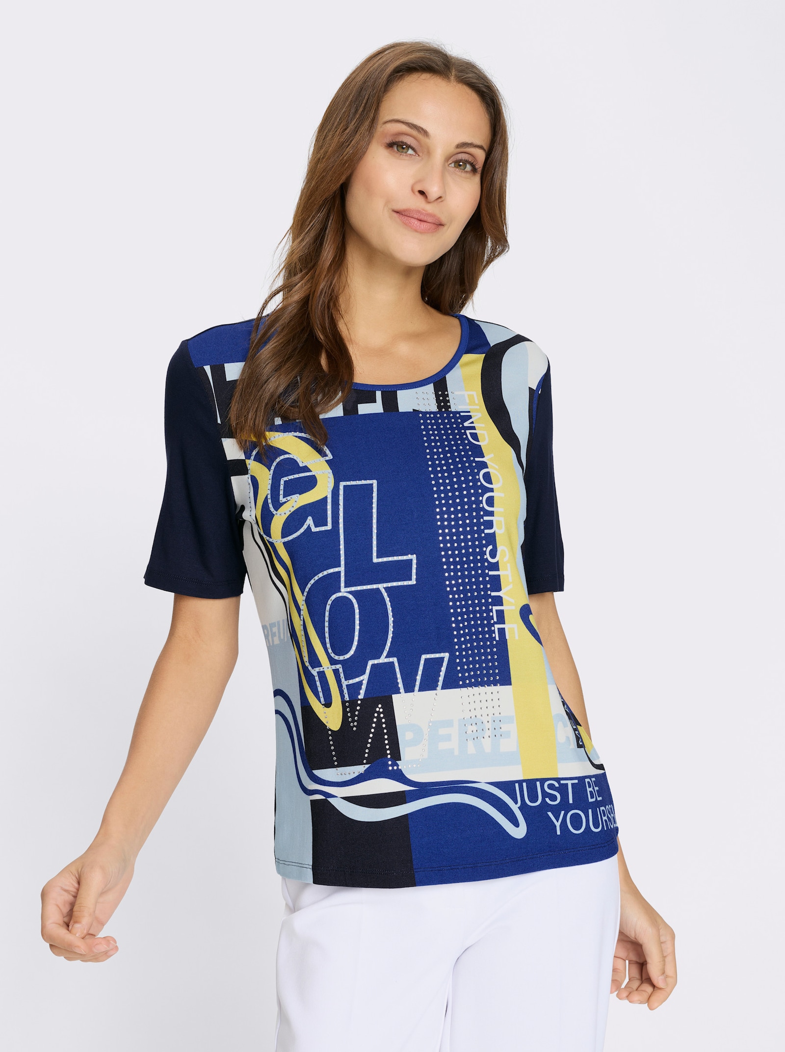 Kurzarmshirt mit einfarbigem Rückenteil - weiß-marine-bedruckt