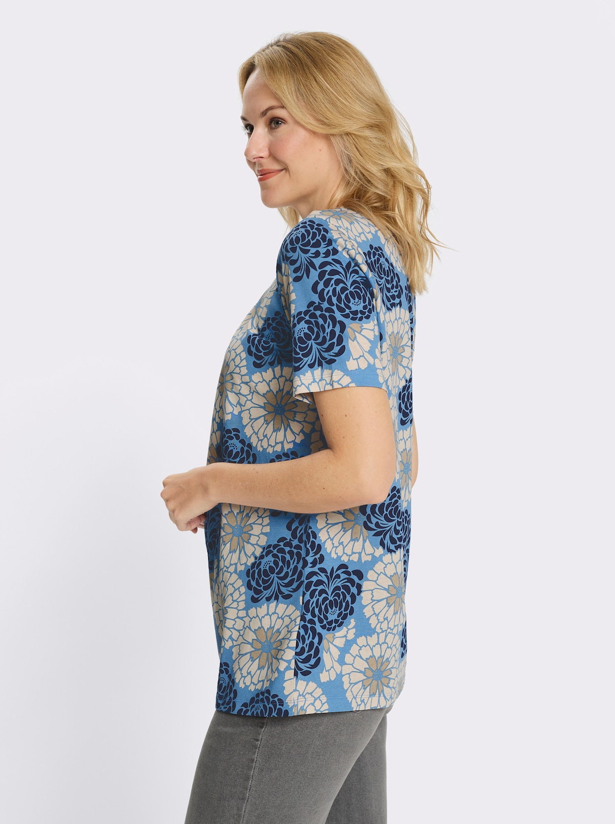 Longshirt in schmeichelnder A-Linie - mittelblau-marine-bedruckt