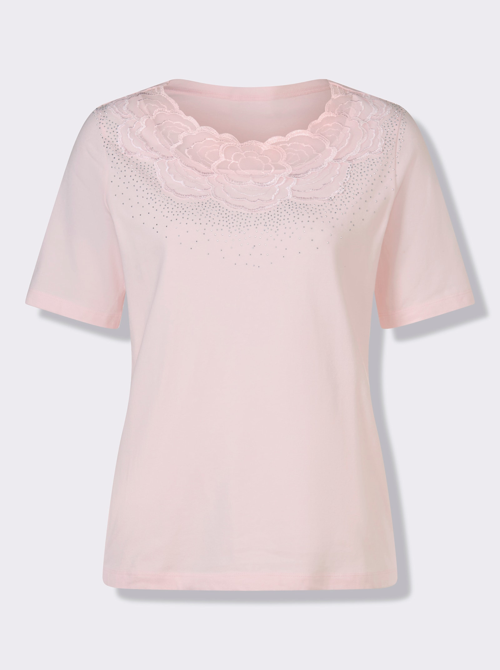 Kurzarmshirt mit Spitzeneinsatz - hellrosé