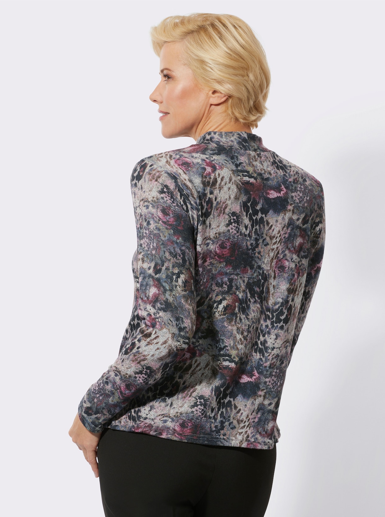Stehkragenshirt - steingrau-burgund-bedruckt