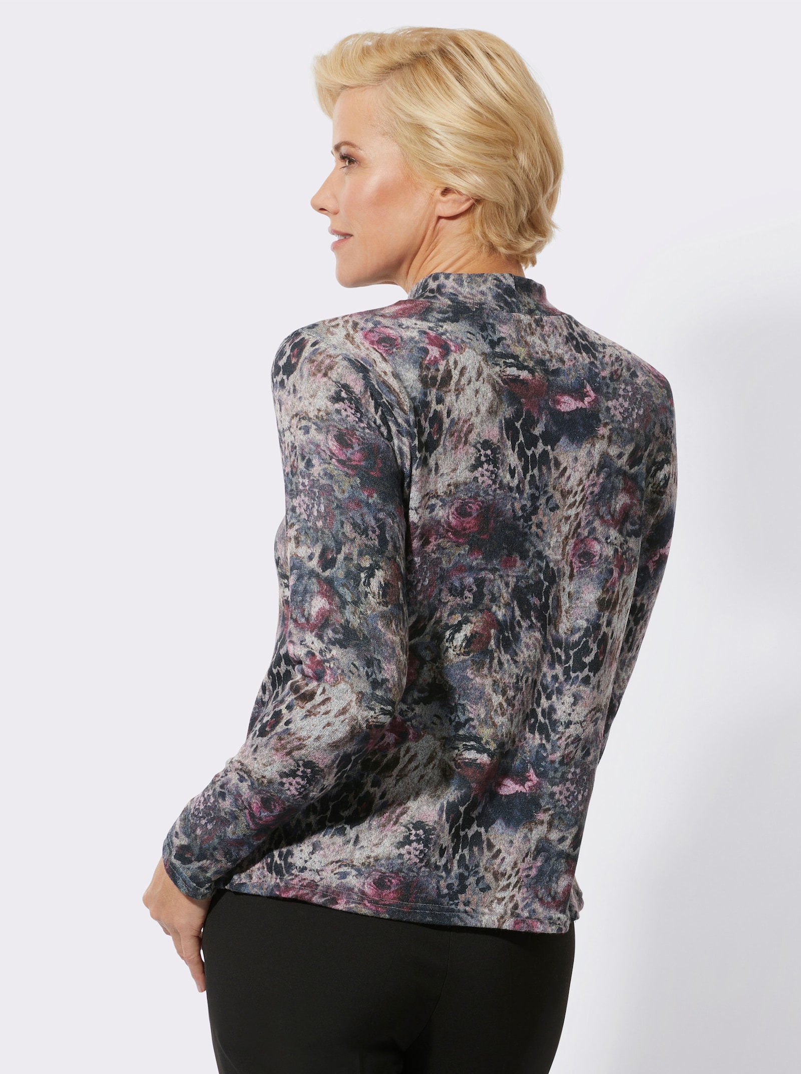 Shirt met opstaande kraag in gebloemd dierendessin - steengrijs/bordeaux bedrukt