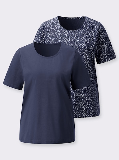 Rundhalsshirt im 2er-Pack - marine-weiß-getupft + marine