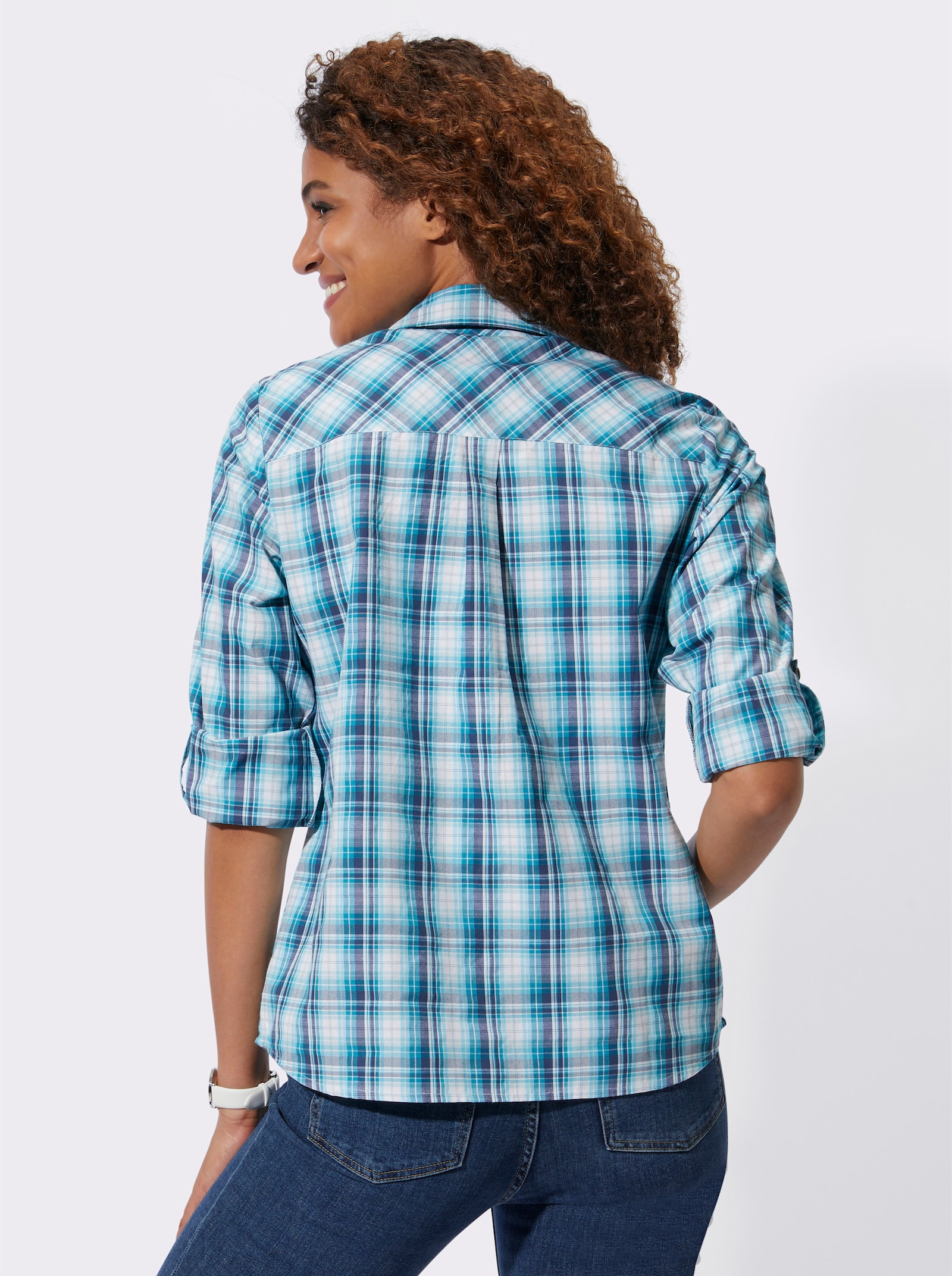 Karobluse mit aufgesetzten Brusttaschen - türkis-weiß-kariert