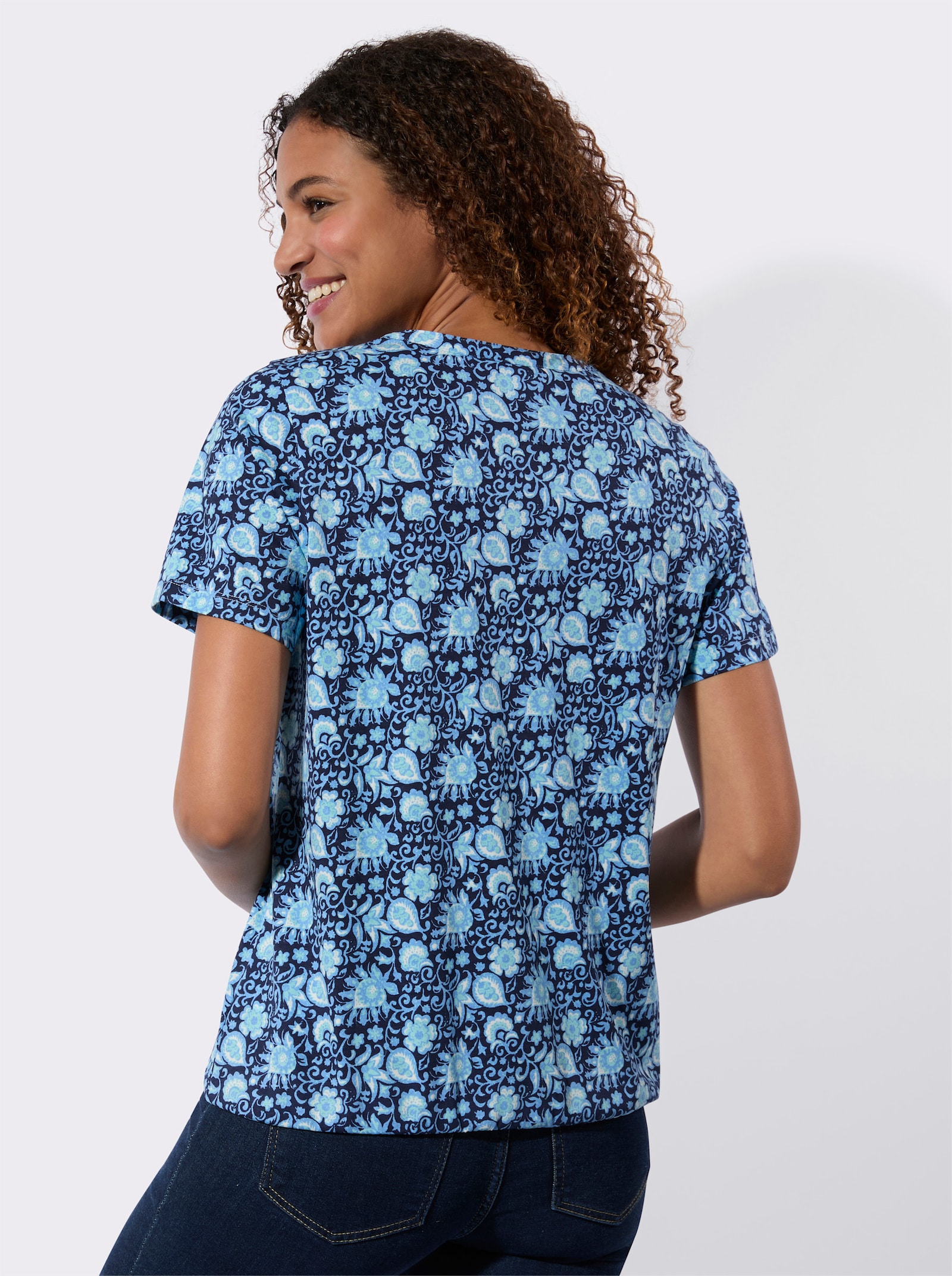 Shirt mit elastischem Saum - himmelblau-marine-bedruckt