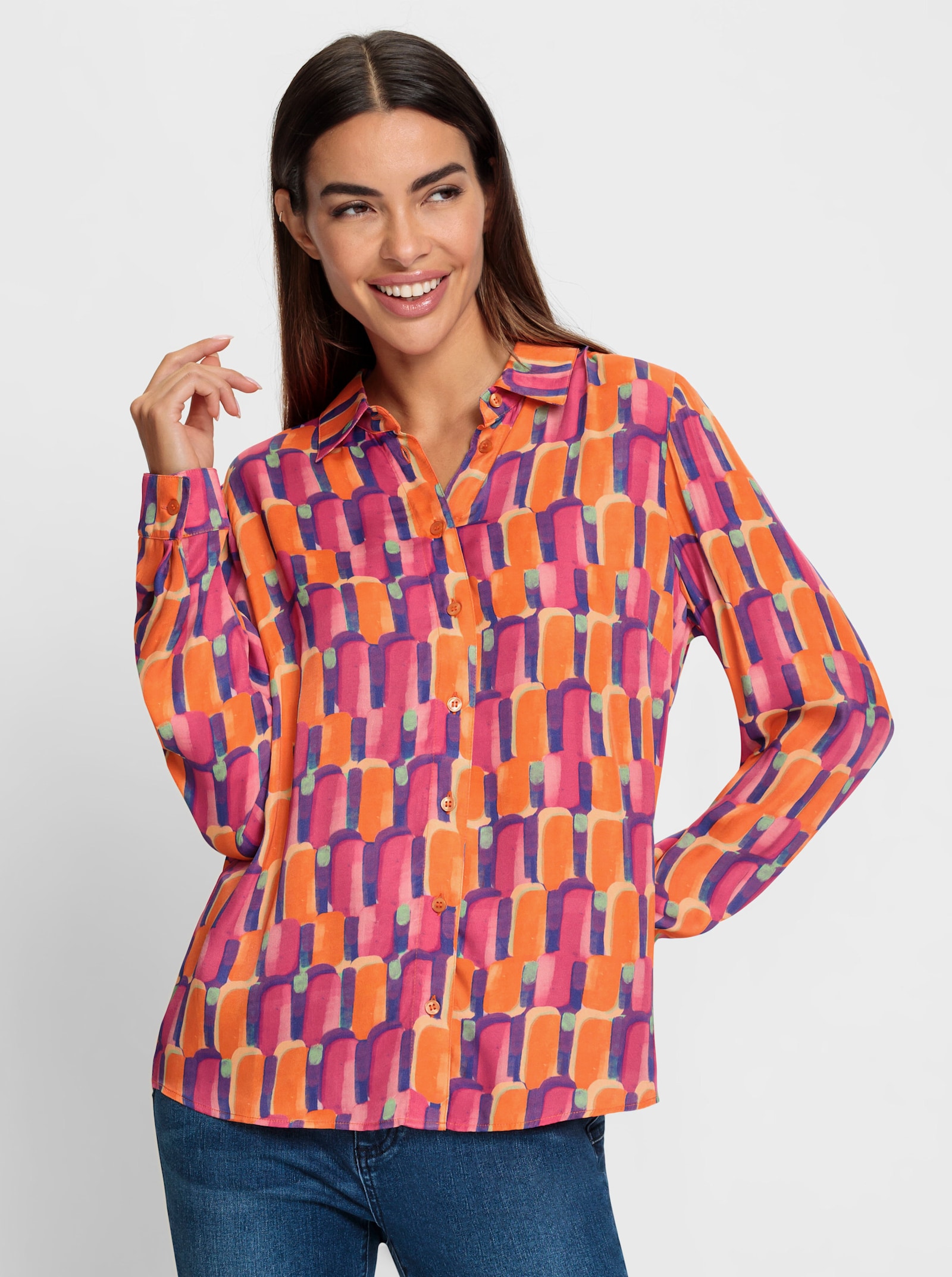 heine Blouse met print, van licht glanzend materiaal - oranje/pink bedrukt