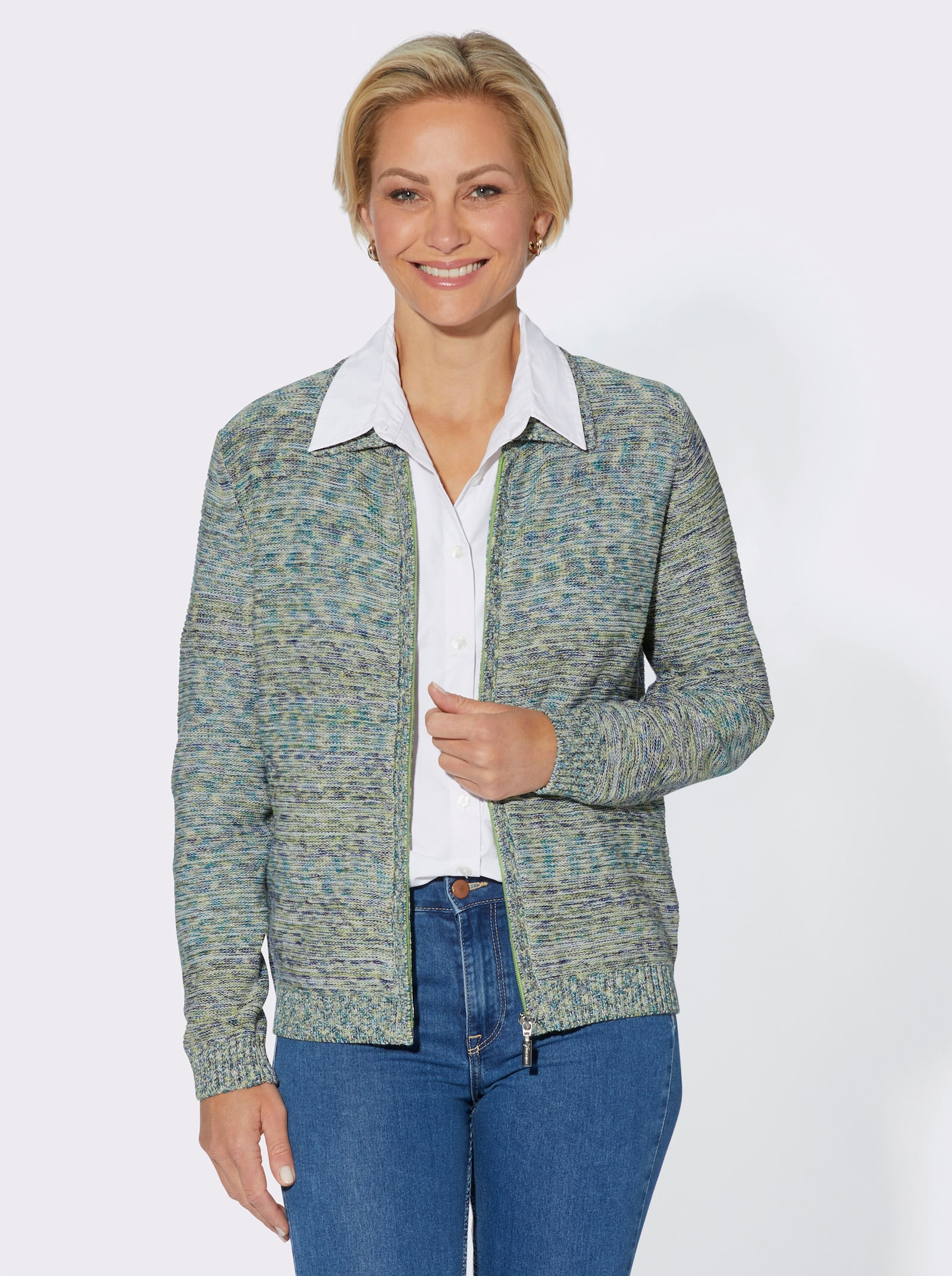 Strickjacke mit Polokragen - pistazie-jeansblau-meliert