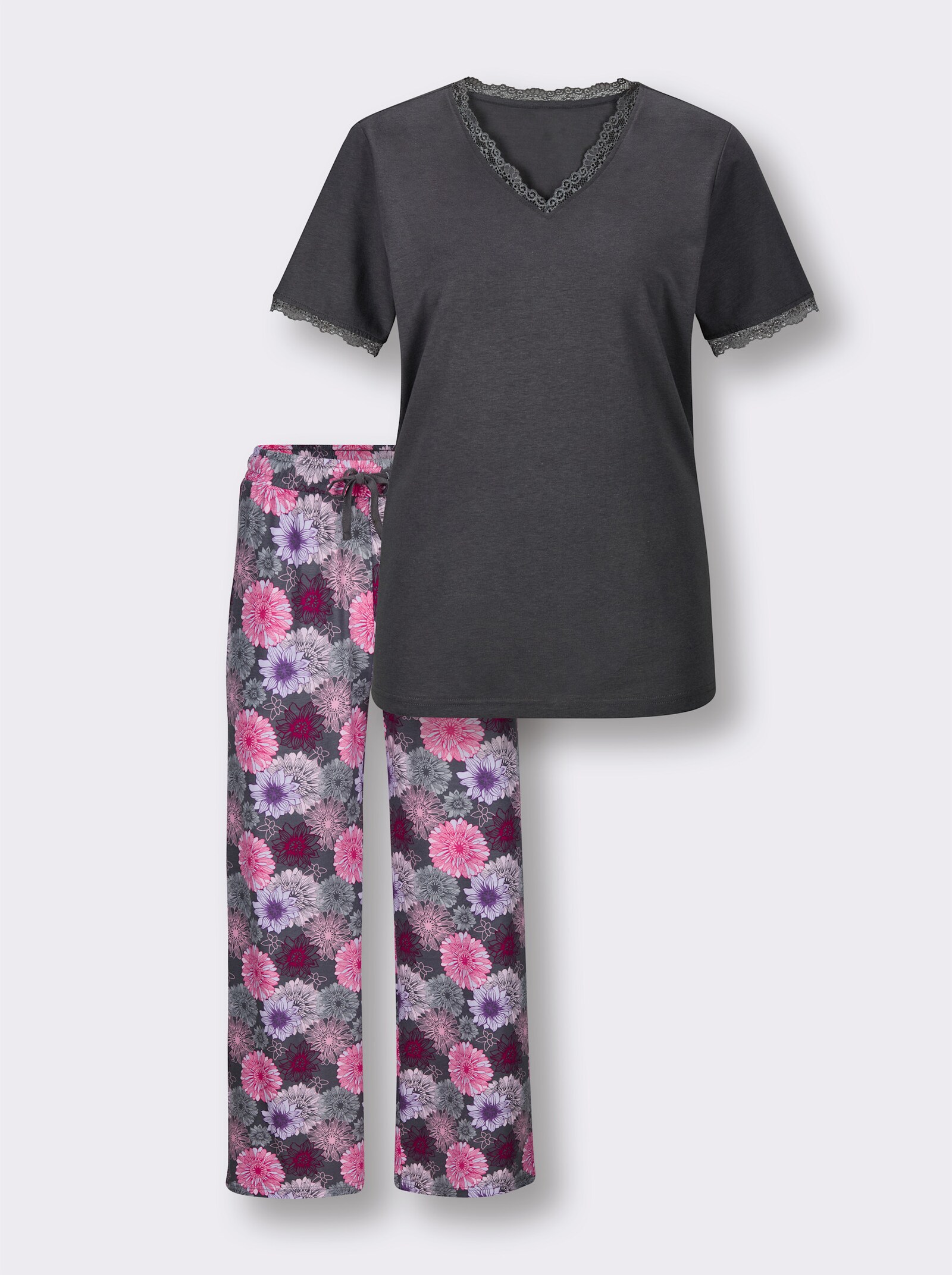 wäschepur Schlafanzug mit geblümter Hose - anthrazit-fuchsia-bedruckt