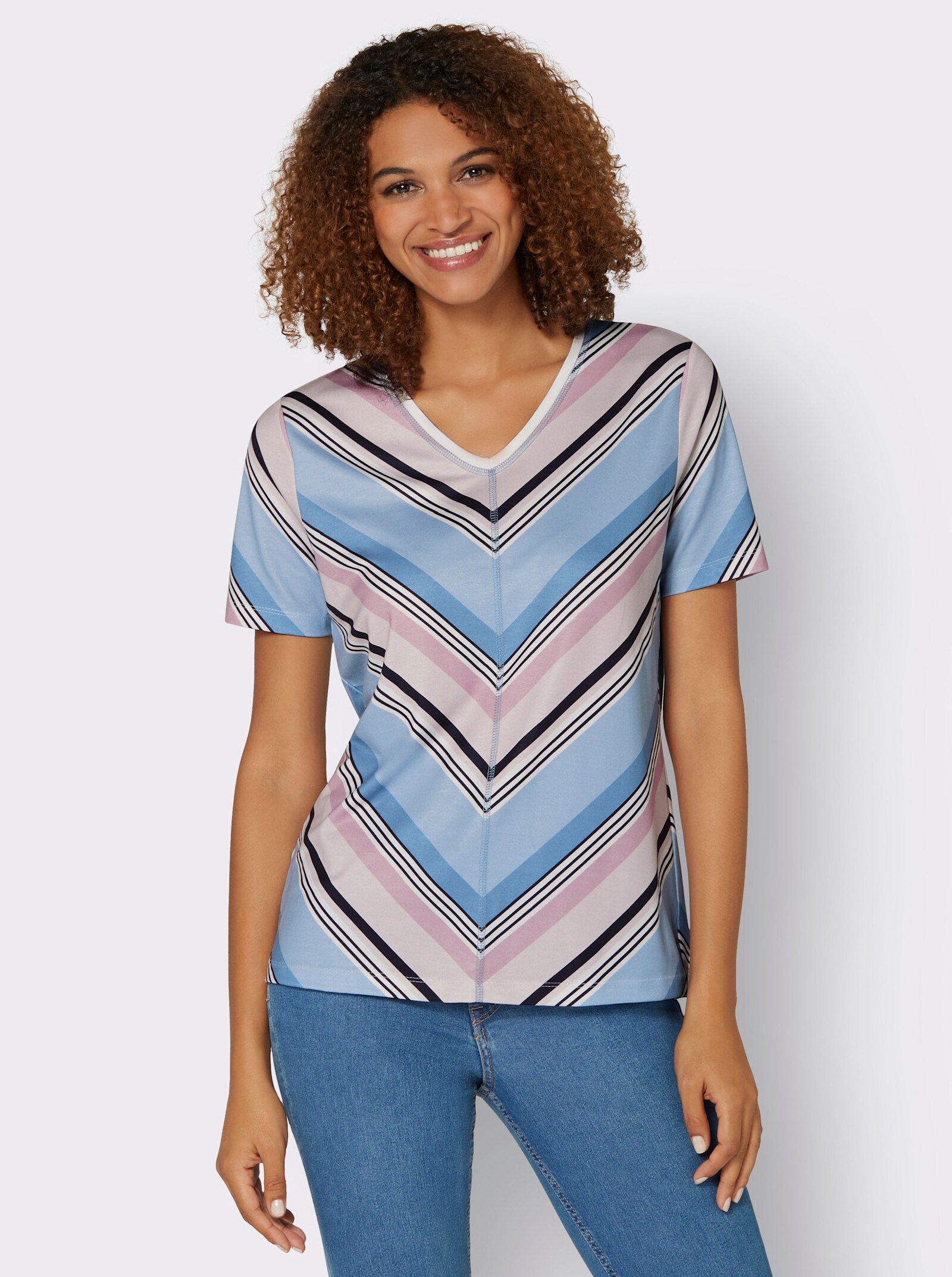 Streifenshirt mit V-förmigen Streifen - rosé-gestreift