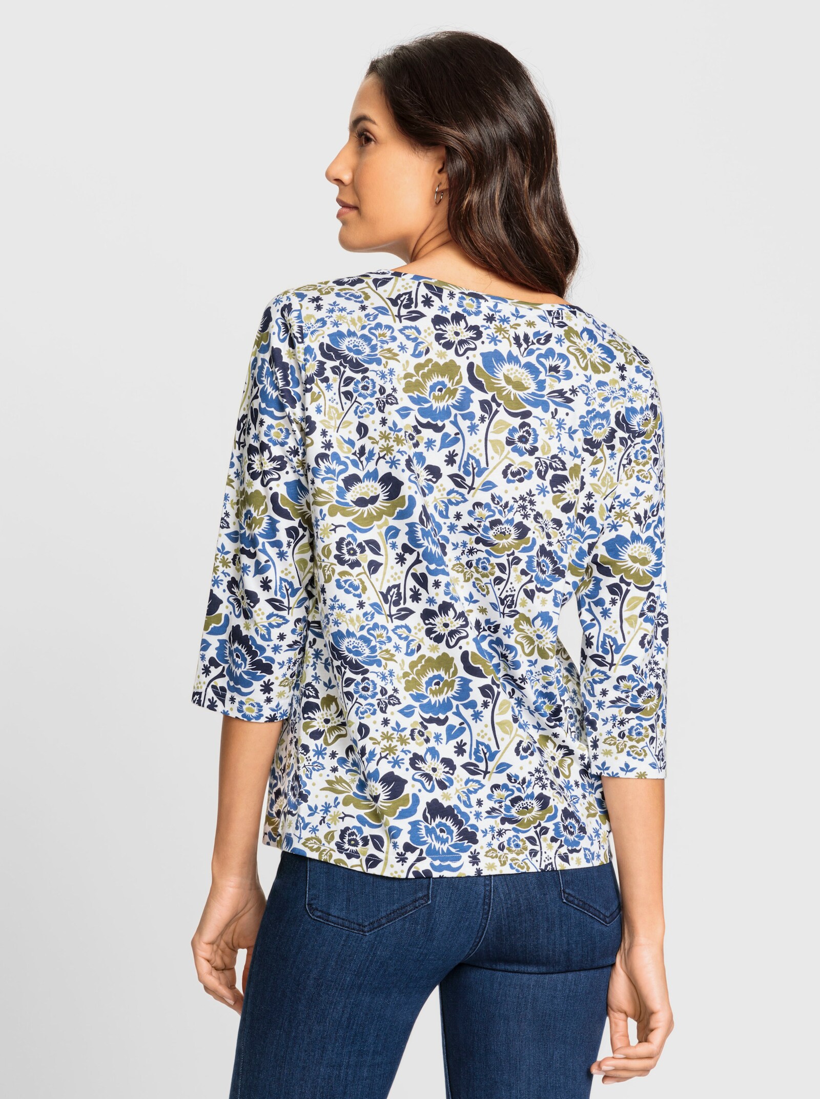Rundhalsshirt mit Blumen-Druck - ecru-jeansblau-bedruckt