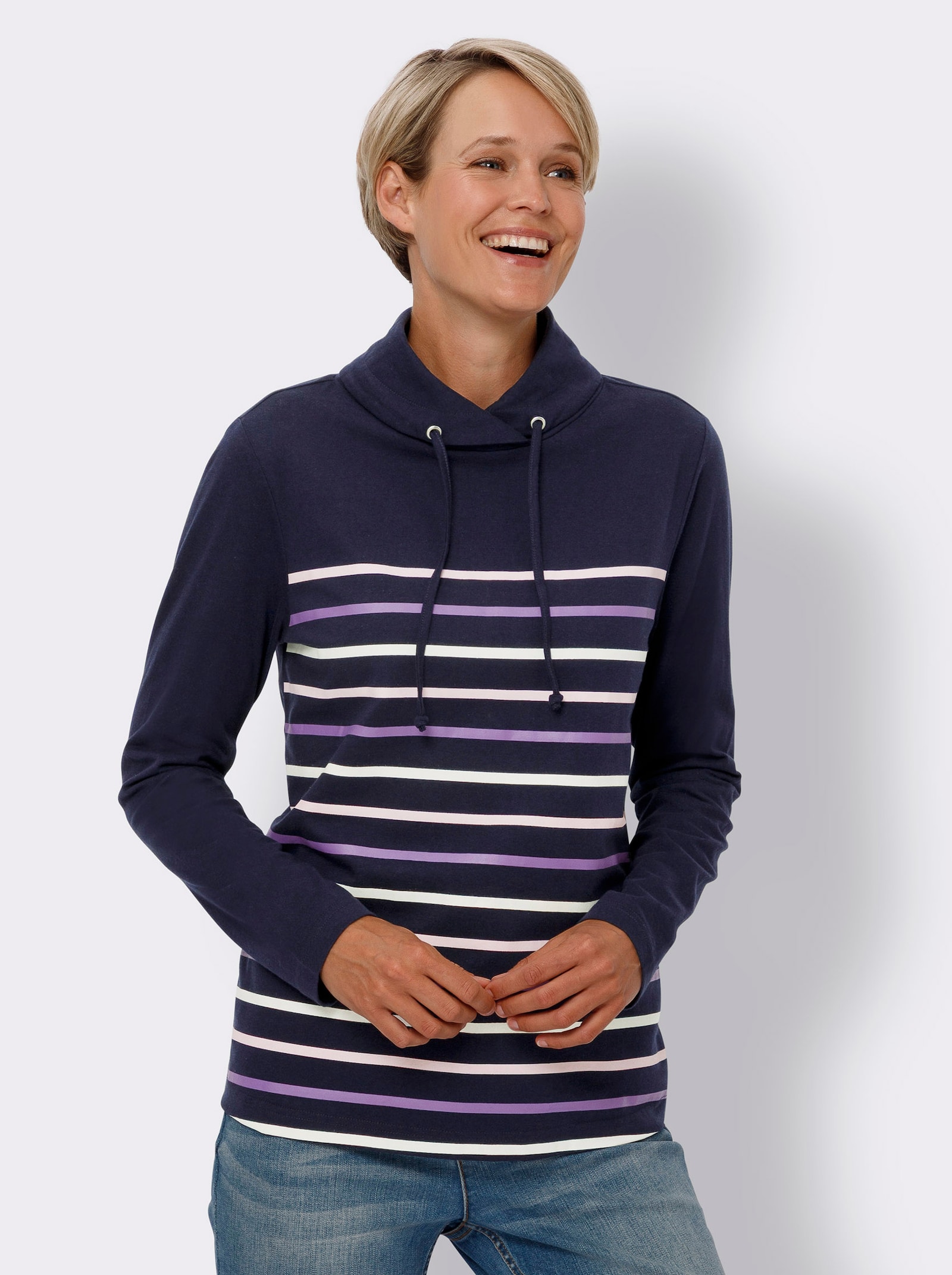 Rollkragenshirt mit platziertem Streifenmuster - marine-ecru-gestreift