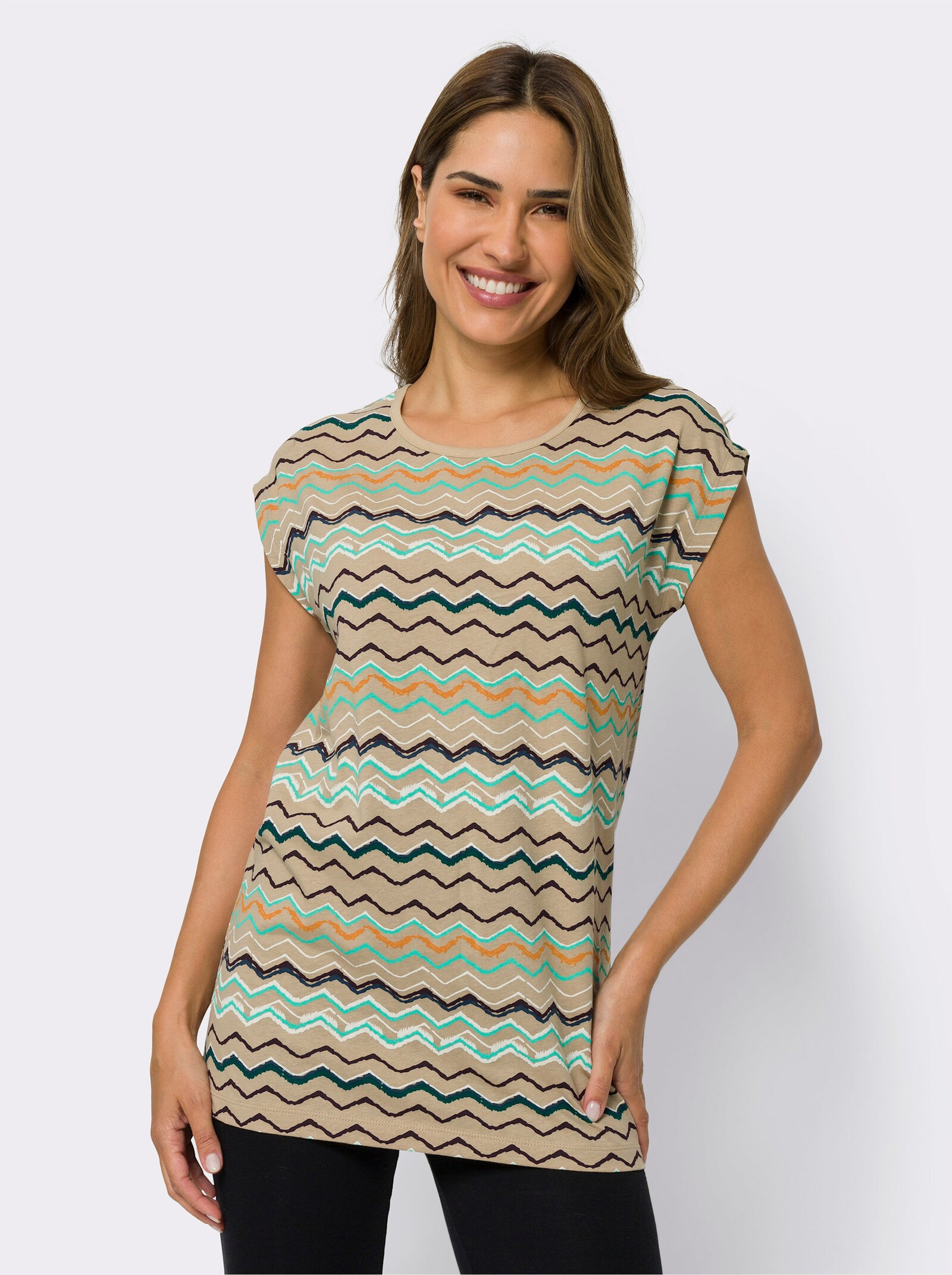 Lang shirt van katoen, bedrukt - beige geprint