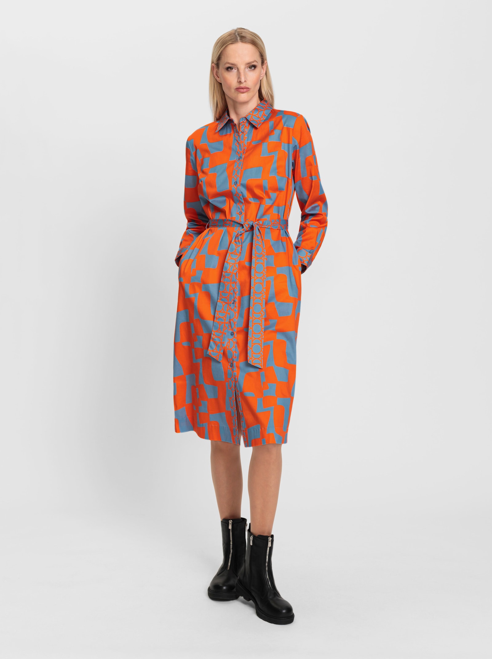 heine Hemdblusenkleid mit Bindegürtel - orange-bleu-bedruckt