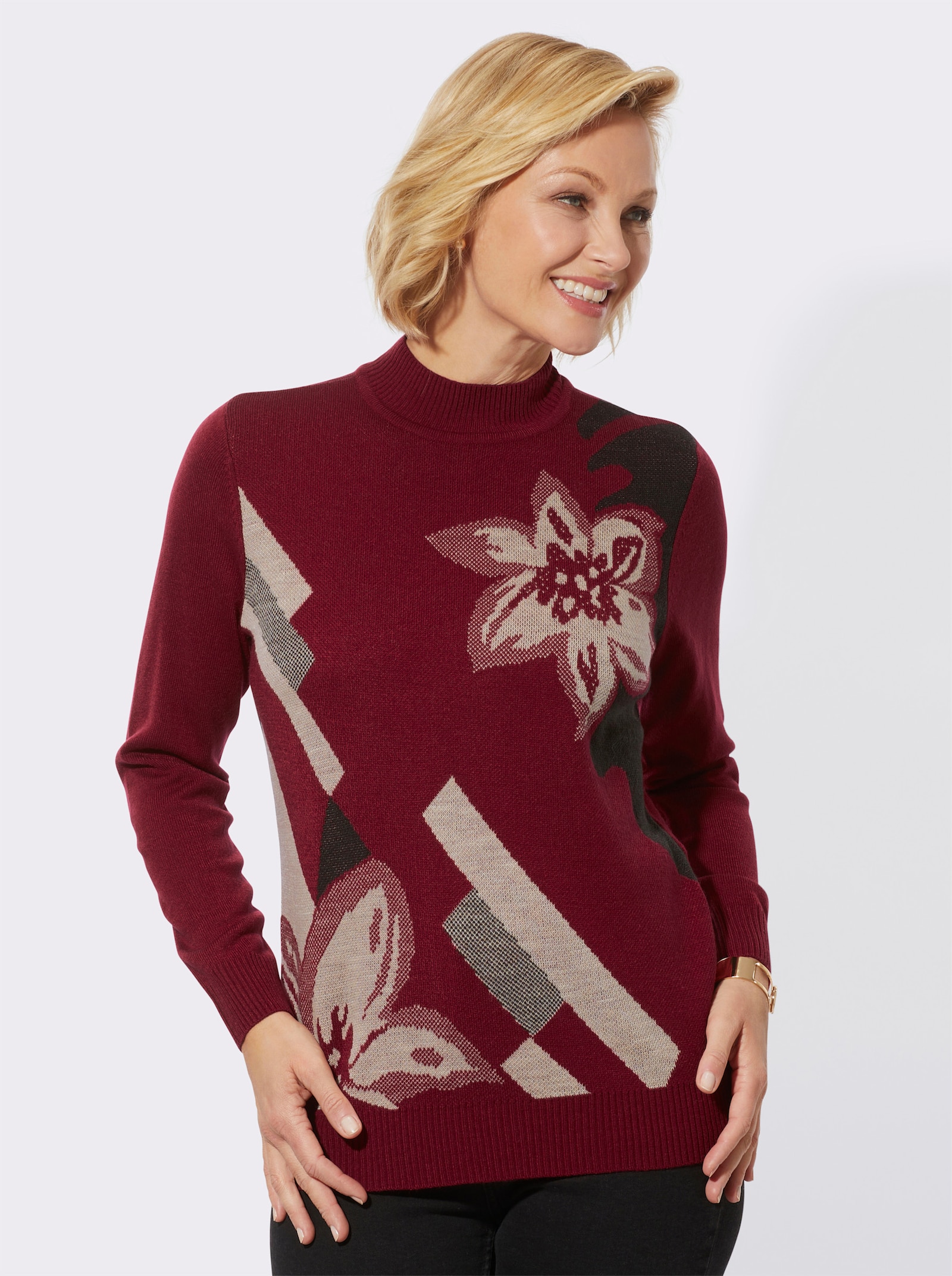 Stehkragenpullover im Strickmuster - kirsche-sand-gemustert