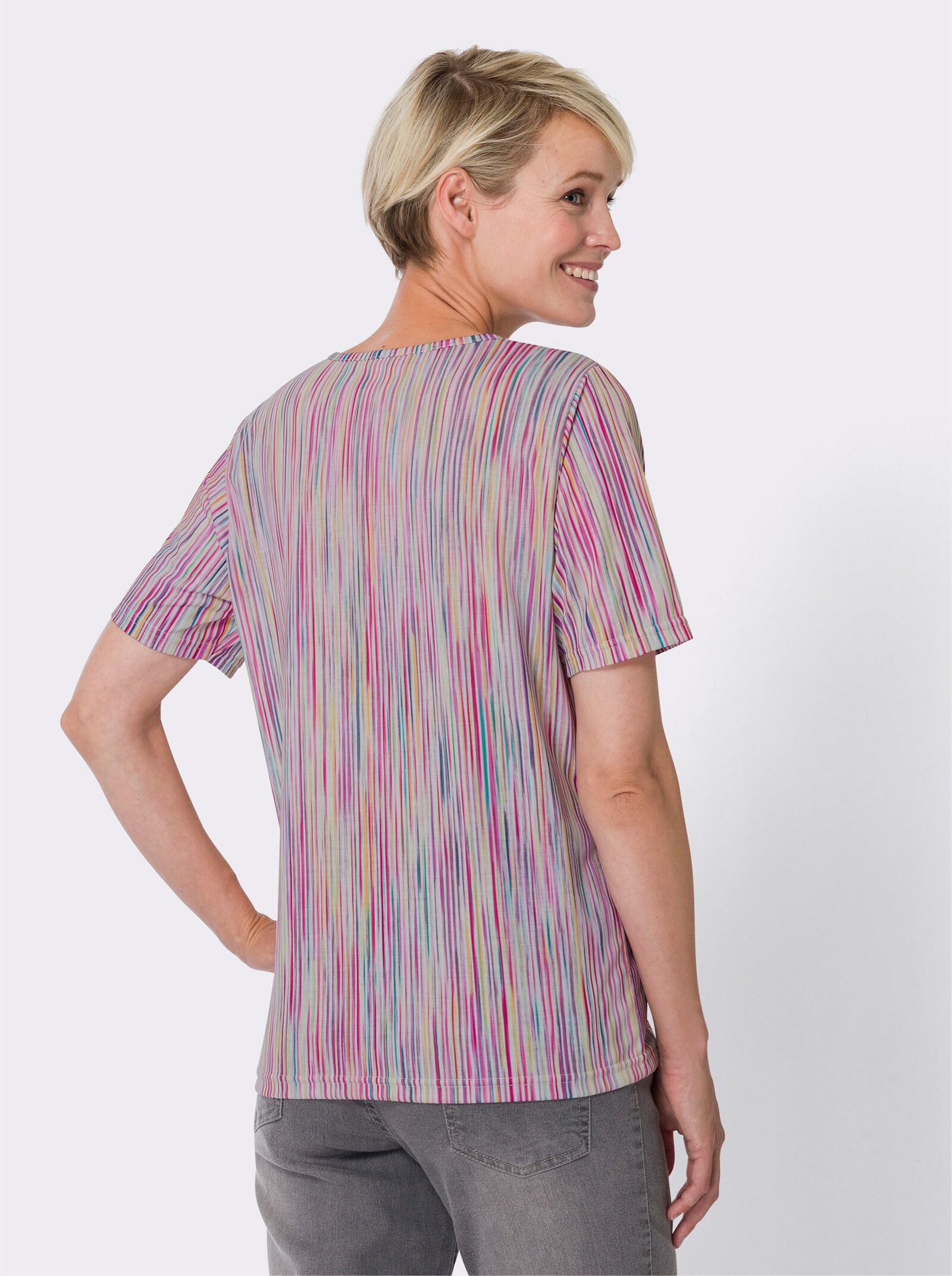 Shirt met korte mouwen van polyester, onderhoudsarm - fuchsia/oker gestreept